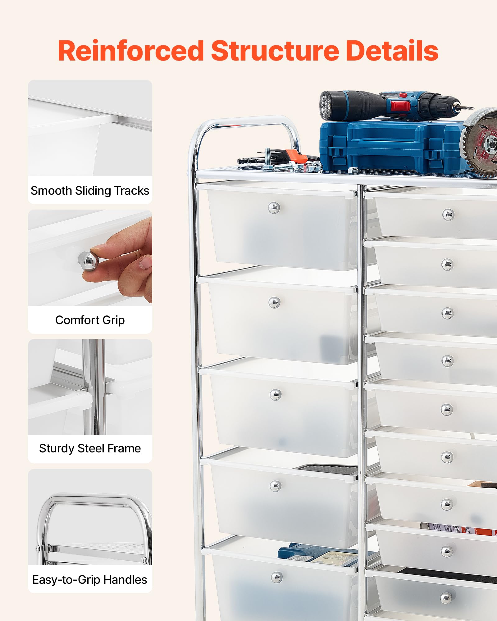 VEVOR Carrello Multiuso con Cassetti Organizer a Doppia Fila con 15Cassetti, Carrello Portaoggetti, Telaio in Acciaio Cromato, Ruote Girevoli a 360° con 2 Freni, Ideale per Ufficio, Garage e Studio