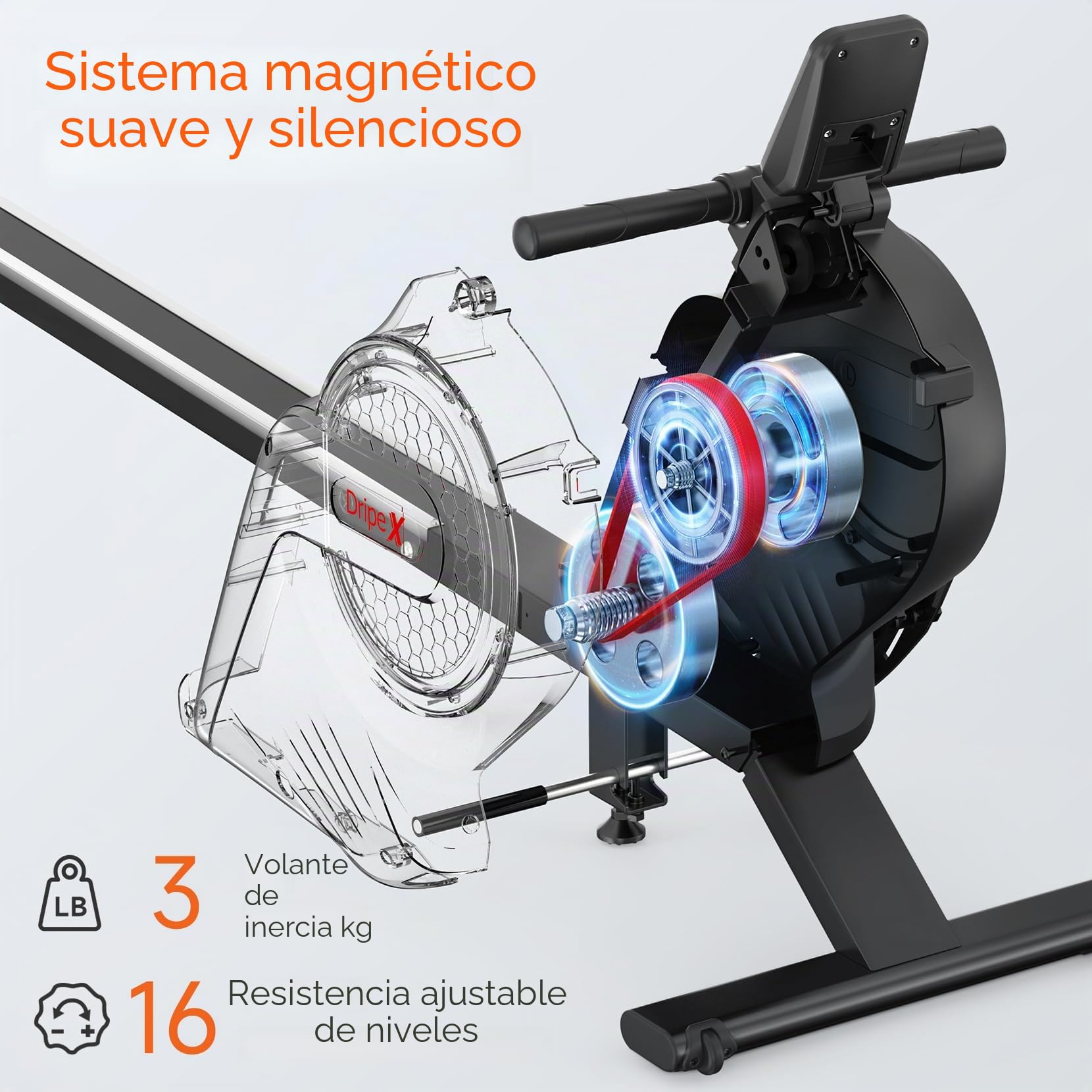 Dripex Máquina de Remo para Casa, Máquina de Remo Magnética Silenciosa con Riel de Aluminio, 16 Niveles de Resistencia, Pantalla LCD, App Compatible, Fitness y Entrenamiento Cardio