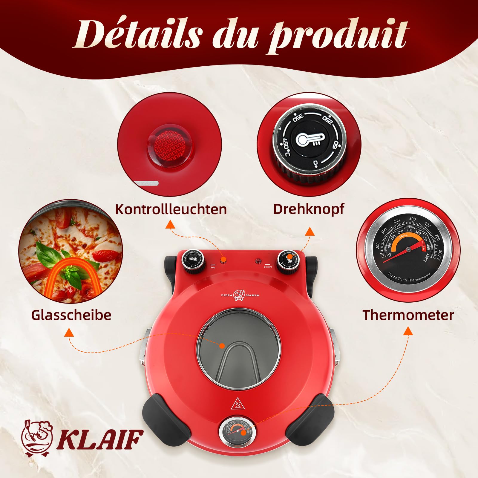 KLAIF Elektrischer Pizzaofen 420 °C, separat regelbare Ober- und Unterhitze, 31 cm Keramik-Pizzastein, inkl. 4-teiligem Pizzazubehör-Set, 1200 W, Modell LMR-Rot