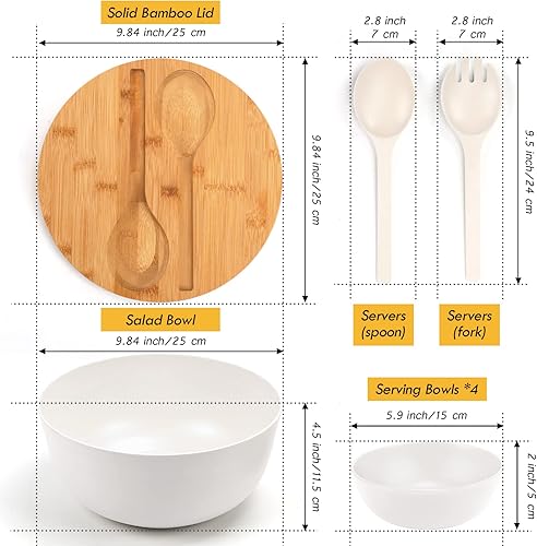 Miniatura 4 de ShineMe Juego de ensaladeras grandes de 9.8 pulgadas con tapa, cuenco de bambú para servir ensalada con 4 cuencos pequeños y servidores (tenedor y
