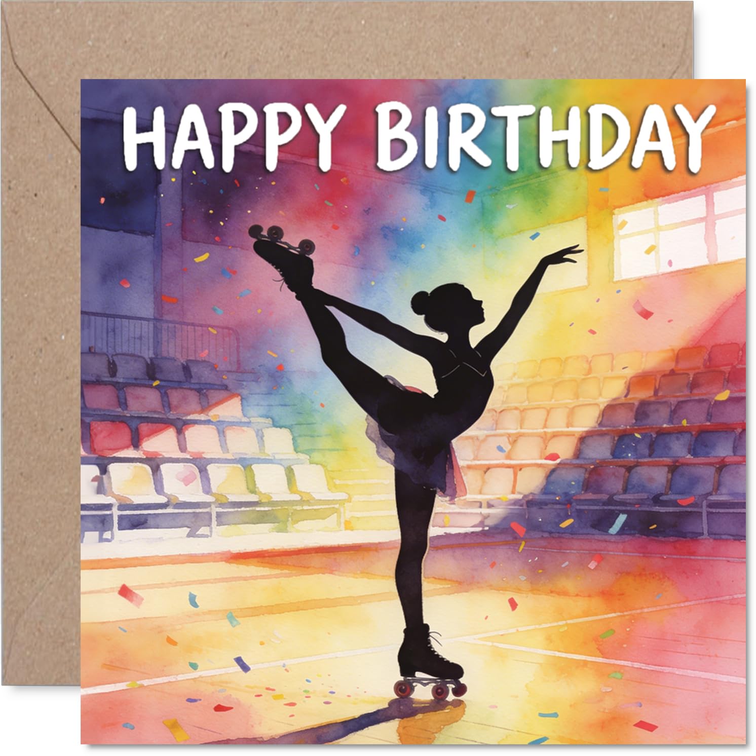 Playful Birthday Card - Roll into the Birthday Fun - Vibrant Rainbow Roller Skating Silhouette - 145mm Square, Envelope Included