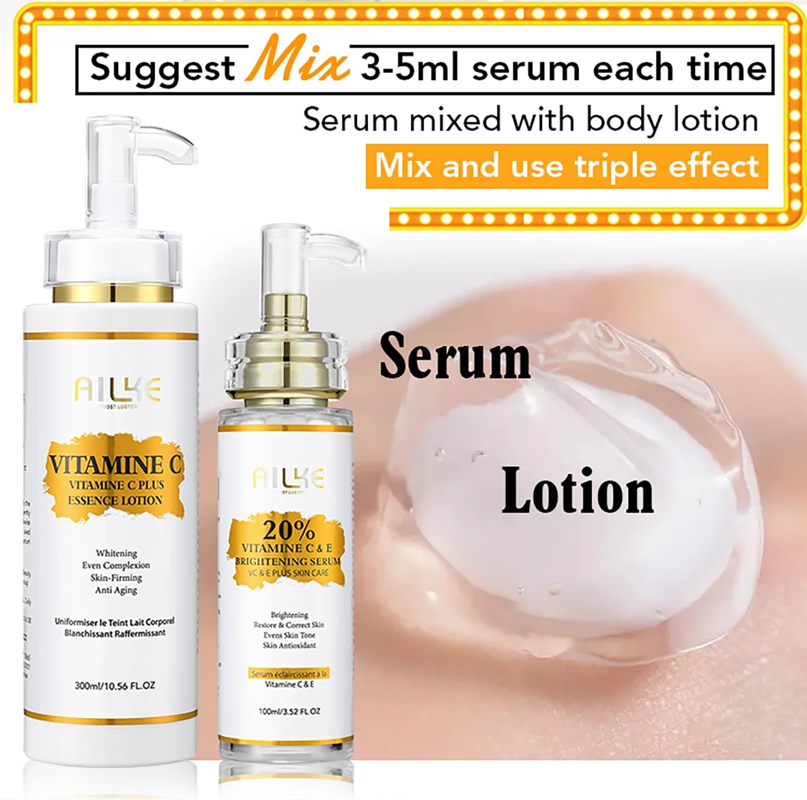 AILKE Witamina C & E super rozjaśniające skoncentrowane serum, wybielające, nawilżające, oczyszczające skórę, redukuje ciemne plamy, z niacynamidem, gliceryną, do twarzy, ciała, 100 ml (3 sztuki)