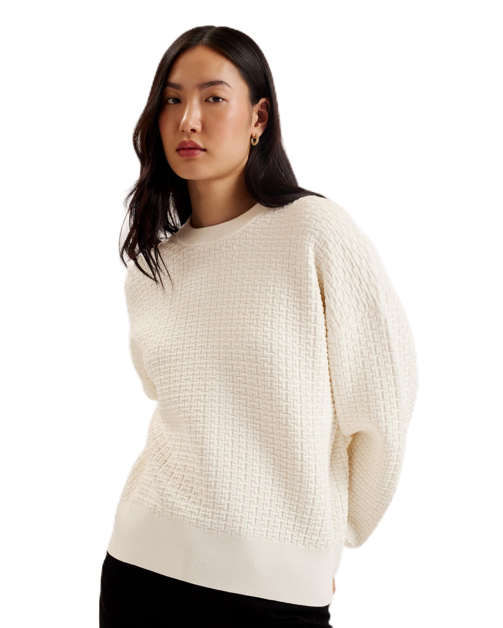 Ted Baker Womens Wmk-tedtyy-Jacquard Knitted Crew Neck Sweater, Ivory, 14 UK