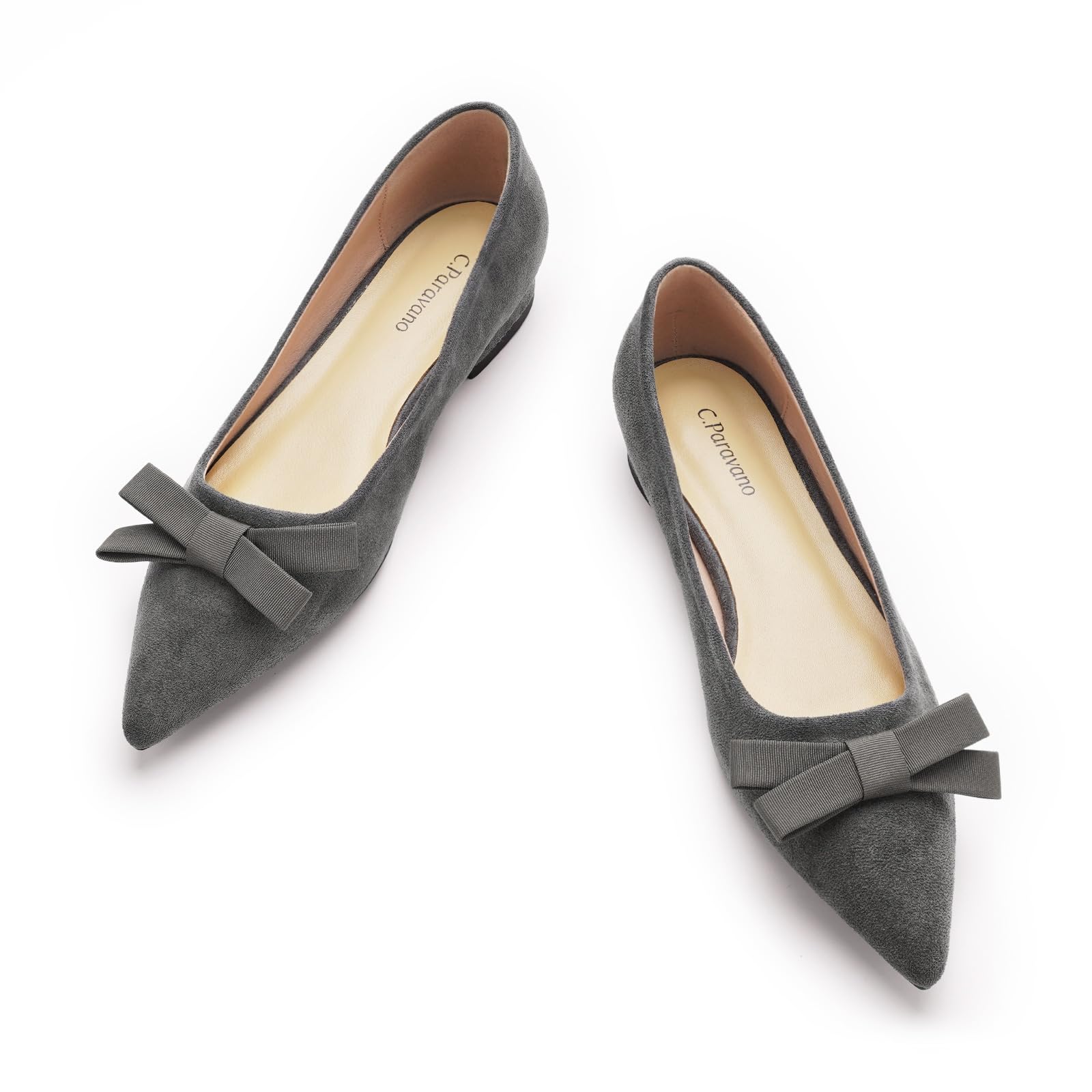 C.Paravano Women's Suede Bow Knot Ballet Flats Pointed Toe Slip-On Comfort Shoes for Casual & Formal Wear 6.5 Grey A1
