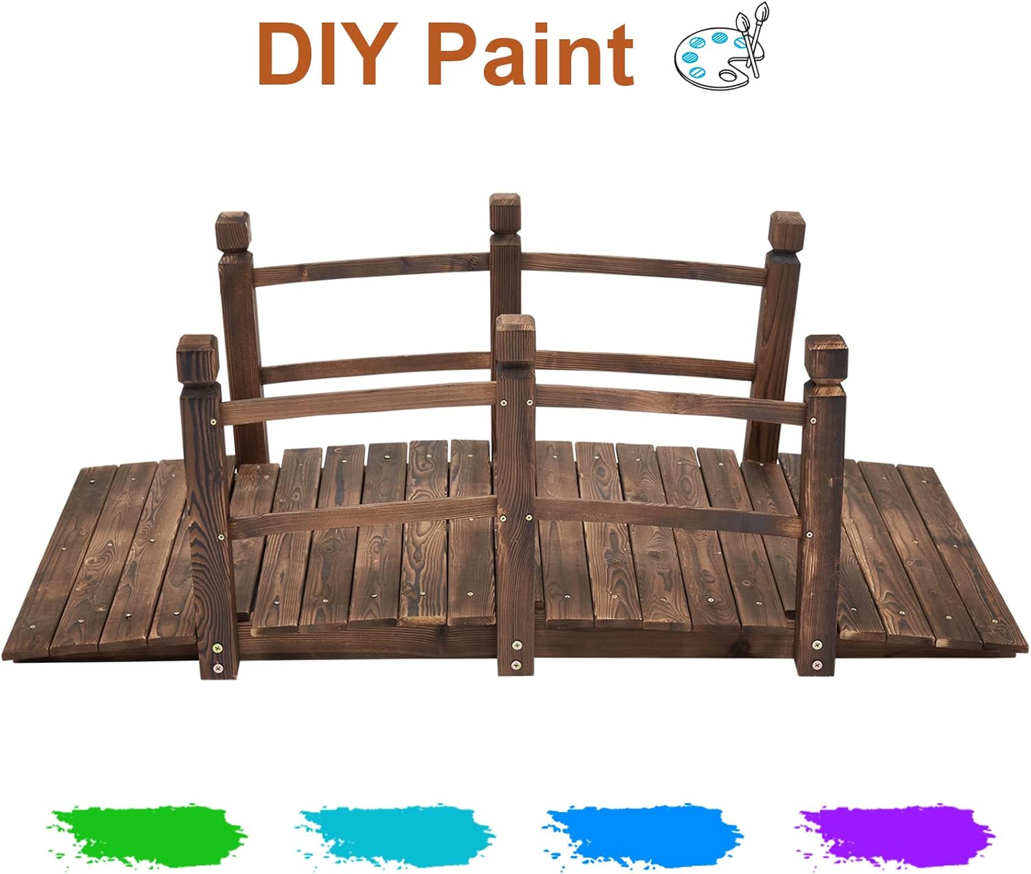 5 ft Wooden Garden Bridge - Patio Bridges Double Railings Stained Finish Footbridge Decorative Pond Bridge Outdoor Lawn Arc Walkway