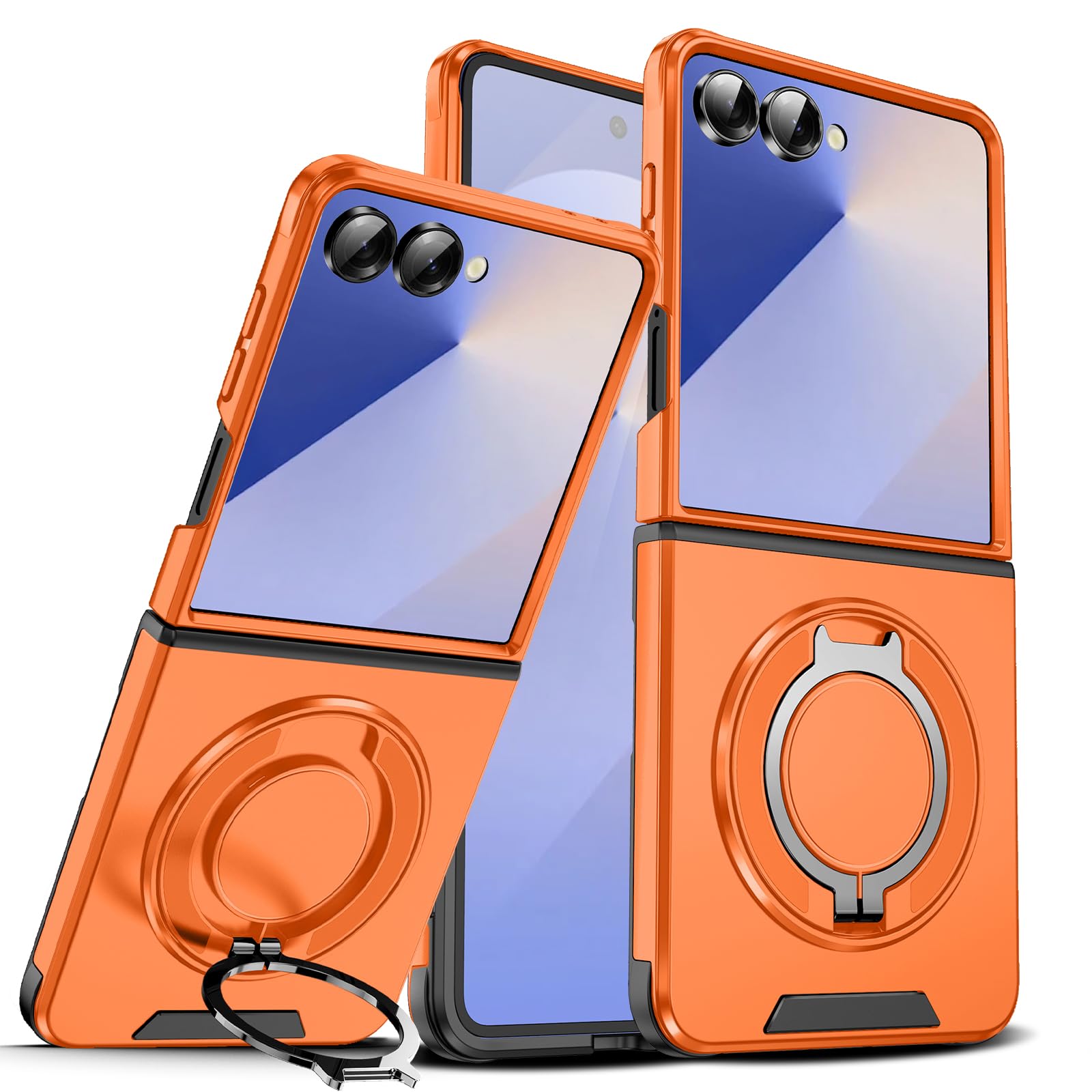 WZOYXOC 対応 Galaxy Z Flip7 用 ケース スタンド付き リング付き 耐衝撃 レンズ保護 スライドカメラカバー TPU+PC 軽量 滑り止め 落下保護 スタンド機能 車載ホルダー対応 ギャラクシー Z フリップ7 携帯ケース オレンジ R-LK-Flip7-08-CP