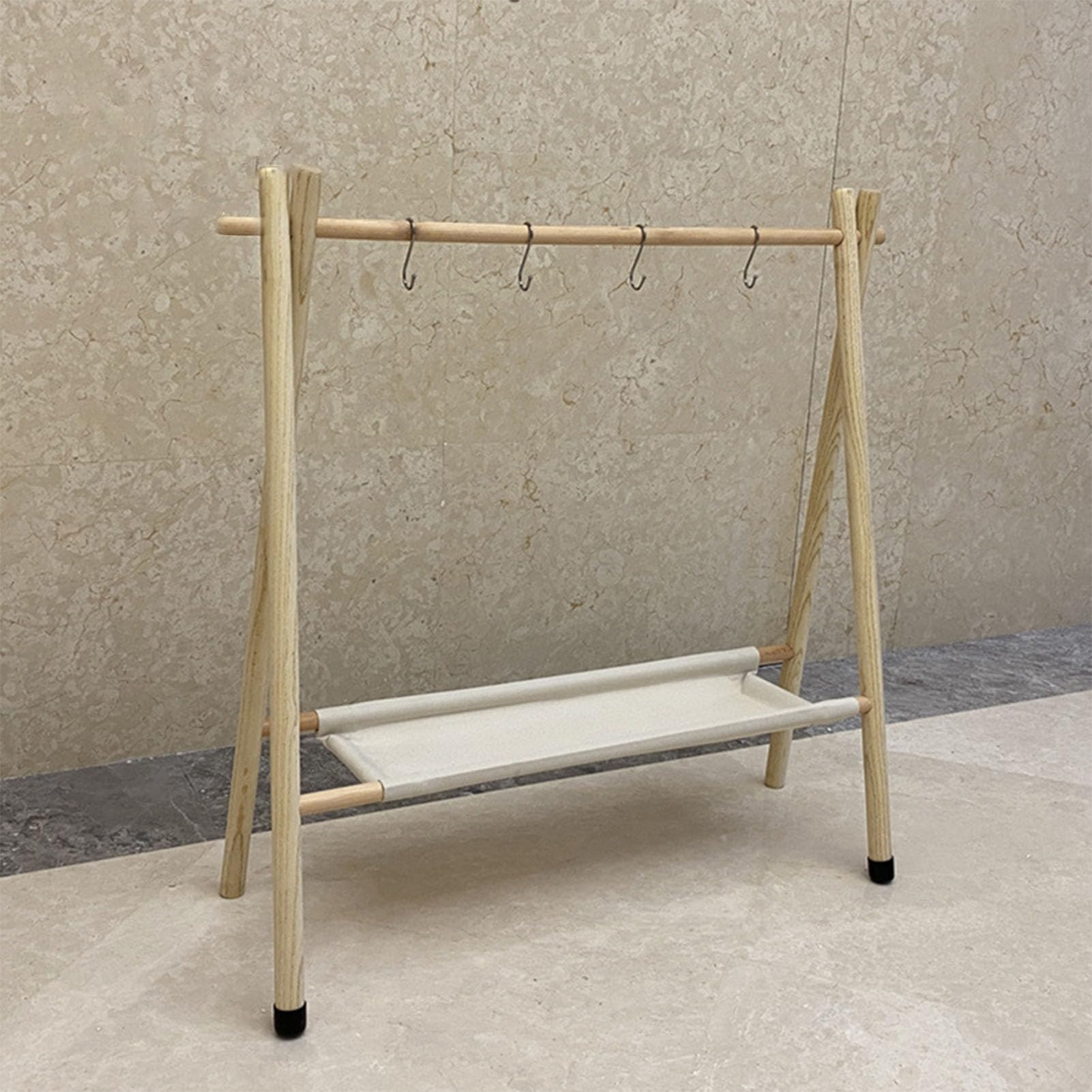 Estantería de camping plegable, estructura estable, estante portátil de metal de madera con ganchos, adecuado para camping, viajes, camping con ganchos