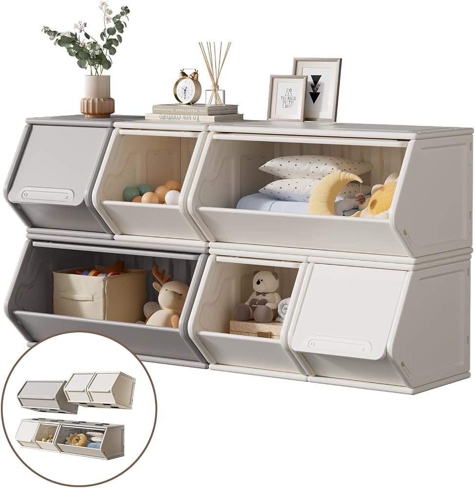 UNICOO® 2+4 Free Combination Stackable Plastic Storage Cabinet | Customizable Storage Shelves, Lightweight Organizer, Efficient Storage and Organizer | Home, Office, School, Dorm (2+4 Gray & Cream)