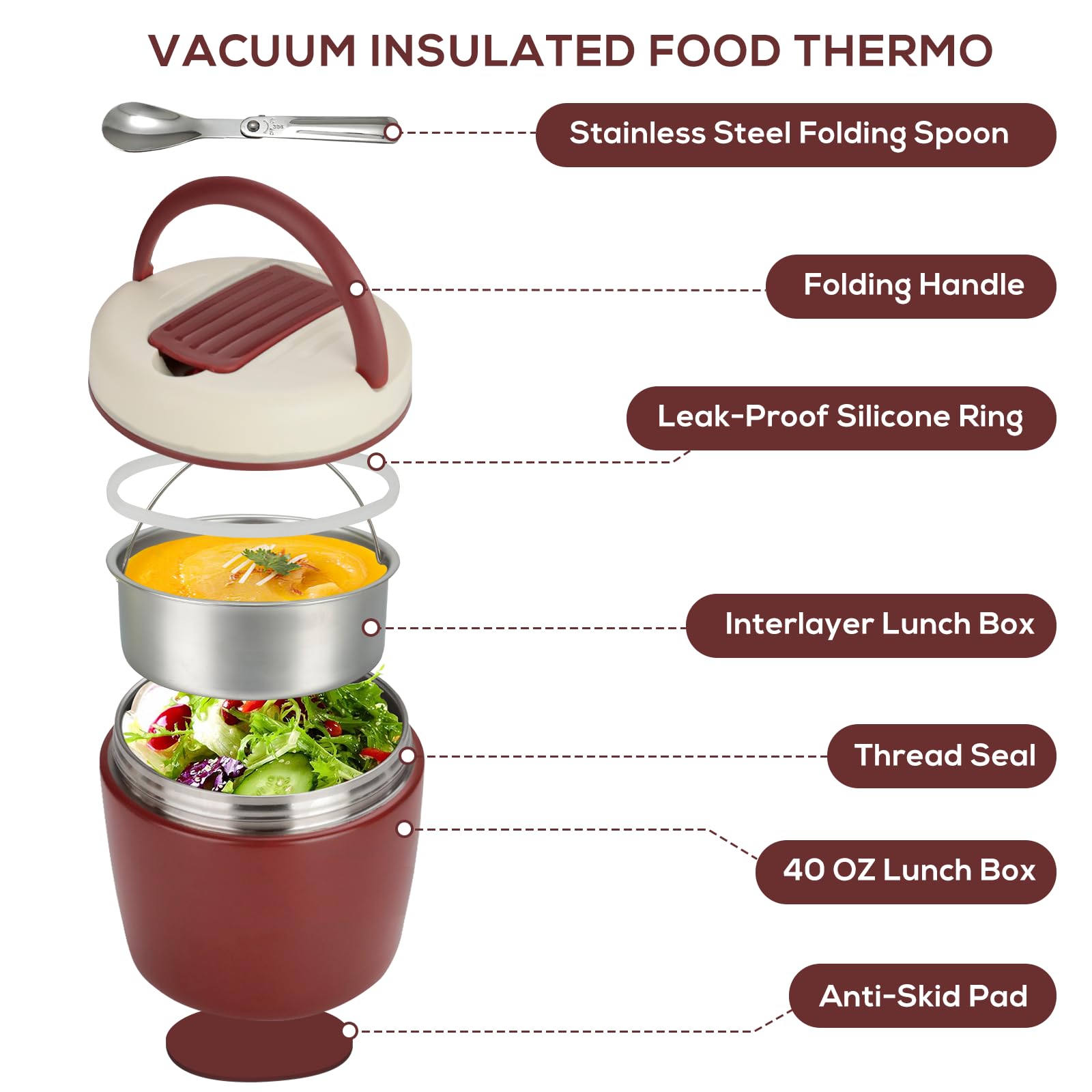 Romon Termos per Alimenti 1200 ml, Contenitore Portapranzo Termico Cibo Caldi, Acciaio Inossidabile Barattoli Isolati con Pieghevole Cucchiaio Portavivande per Zuppa Pasta