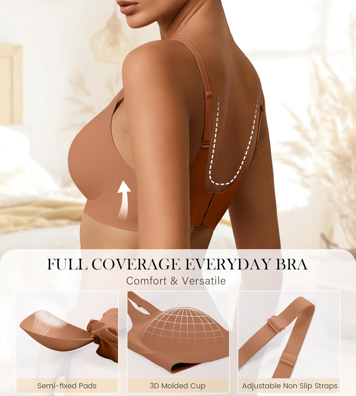 Womens Seamless Bras No Underwire Wireless Push Up Full Coverage Bra Scalloped V Neck T-Shirt Bra Comfort Bralettes - Image 3