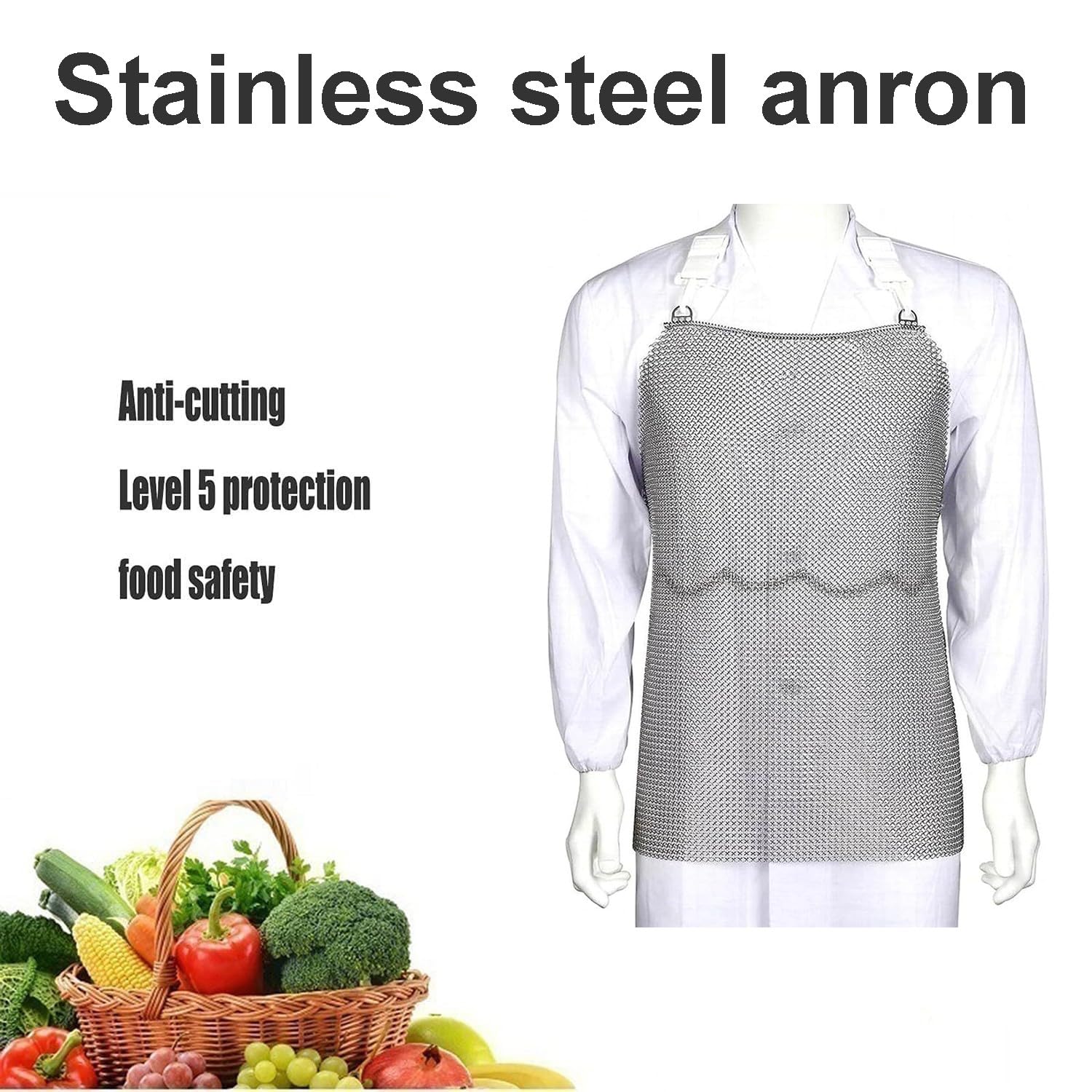 Tablier Tablier Résistant Aux Coupures De Sécurité De Boucher,Tablier En Métal En Acier Inoxydable 316,Tablier De Protection De Travail Sûr,Bretelles Réglables,Cotte Maille Vêtements W55xL70cm