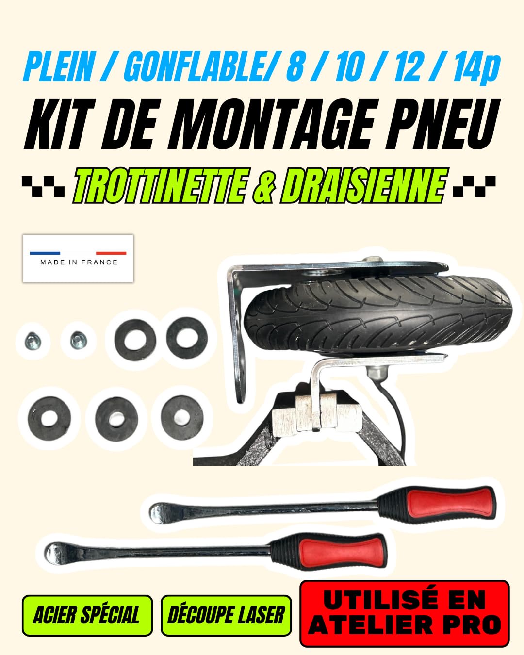 Générique Outil Montage Pneu Trottinette Plein Gonflable Électrique - kit plaques + vis + démonte Pneu - 6"/8/8.5"/9/10"/11/12"/14/16" Pouces draisienne gyro Chambre à air/tubeless/Dur Plein