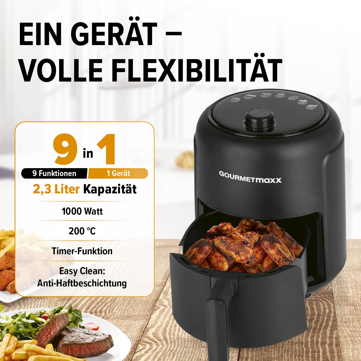 GOURMETmaxx Heißluftfritteuse 2,3L | Airfryer mit 60 Minuten Timer und 9 Funktionen inkl. Vorheizen & Warmhalten | energiesparend & geruchsarm frittieren – nahezu ohne Öl | 1000 W