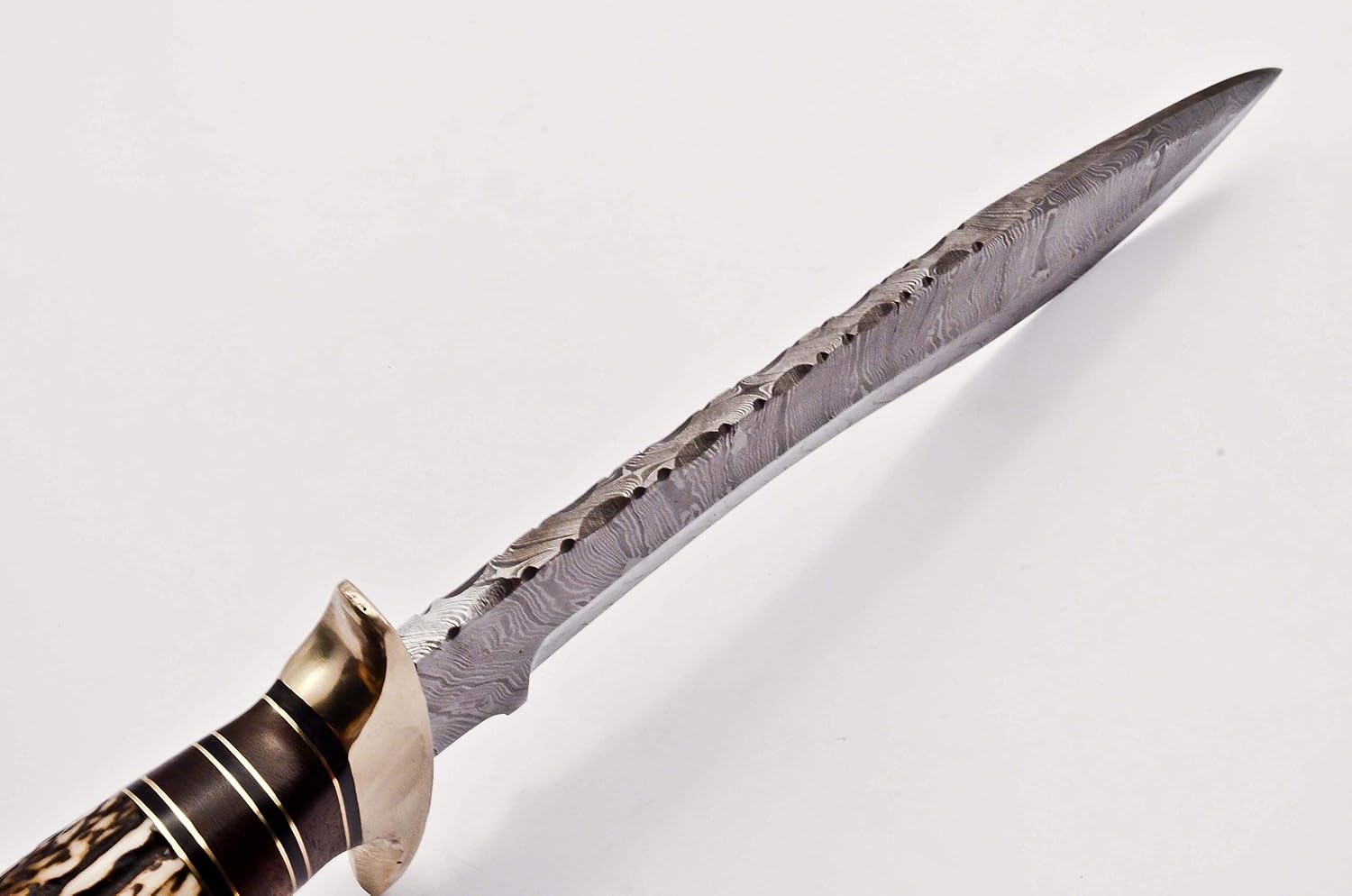 Blood Grooved Damascus Kukri Knife Outdoor Camping Knife with Stag Antler Handle and Free Genuine Leather Sheath (KM-7002)