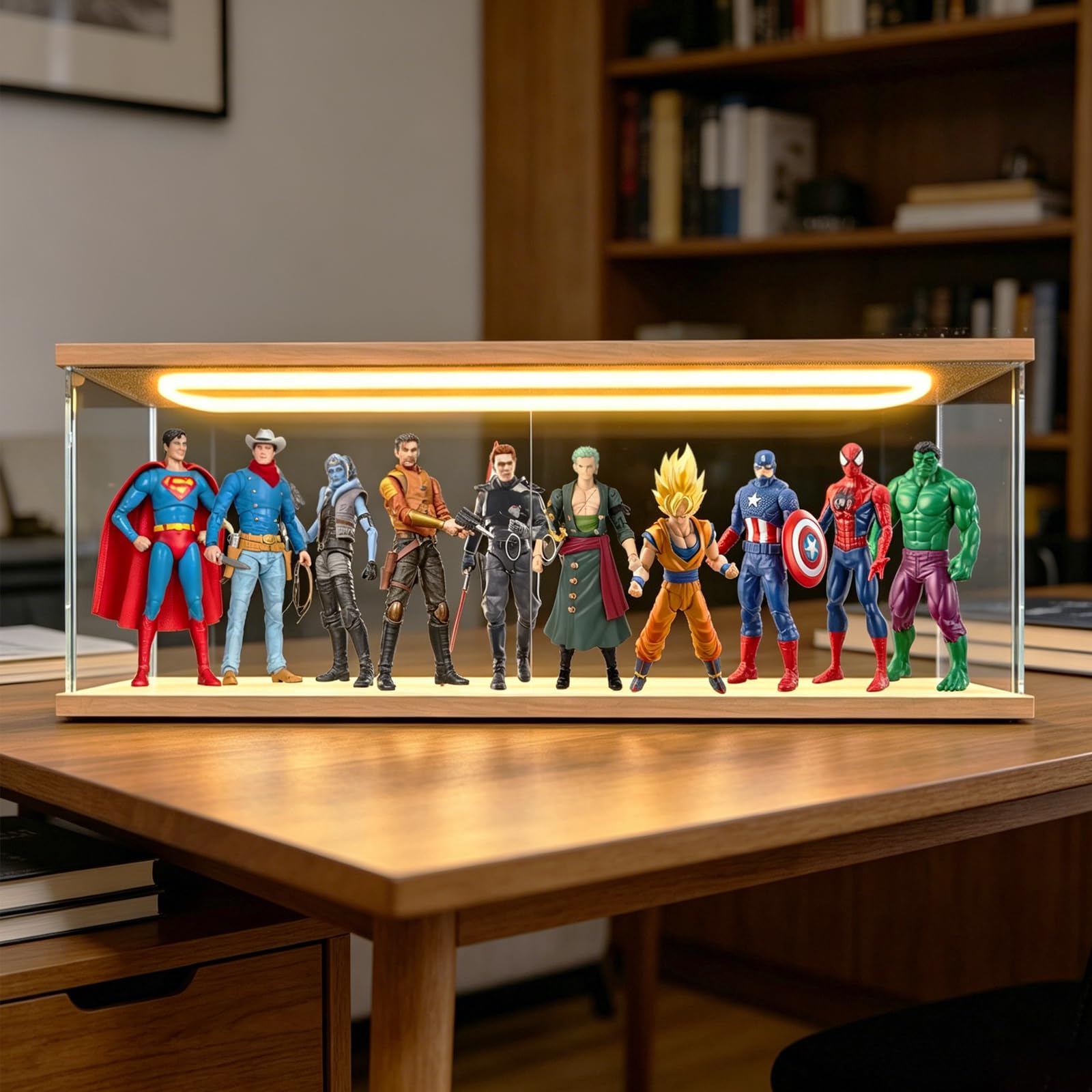 Vitrina Expositora Transparente Acrílico Luz LED, Madera 60x10x20cm