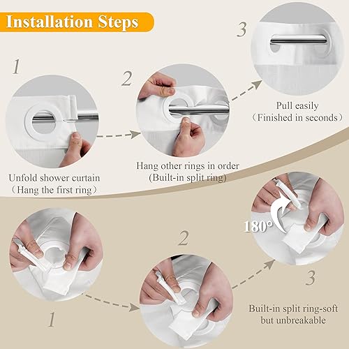 Miniatura 3 de Jowels Cortina de ducha de tela de lino blanco, sin gancho, juego de cortina de ducha de tela con forro a presión, decoración moderna de granja,
