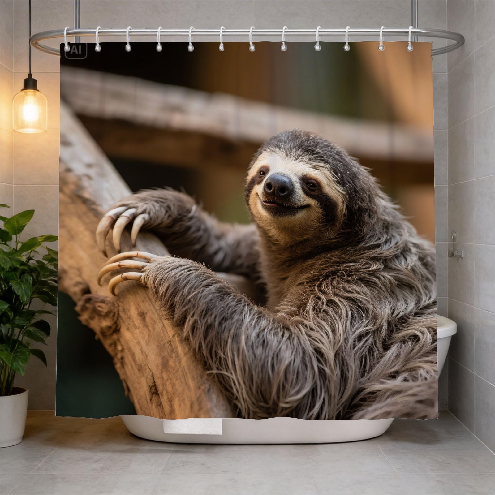 Hongduo White 3D Sloth Shower Curtain For Stalls Bathtubs Animal Bathroom Decor Shower Curtain Set Polyester Fabric Waterproof 180X180cm/71X71 Inch With Hooks