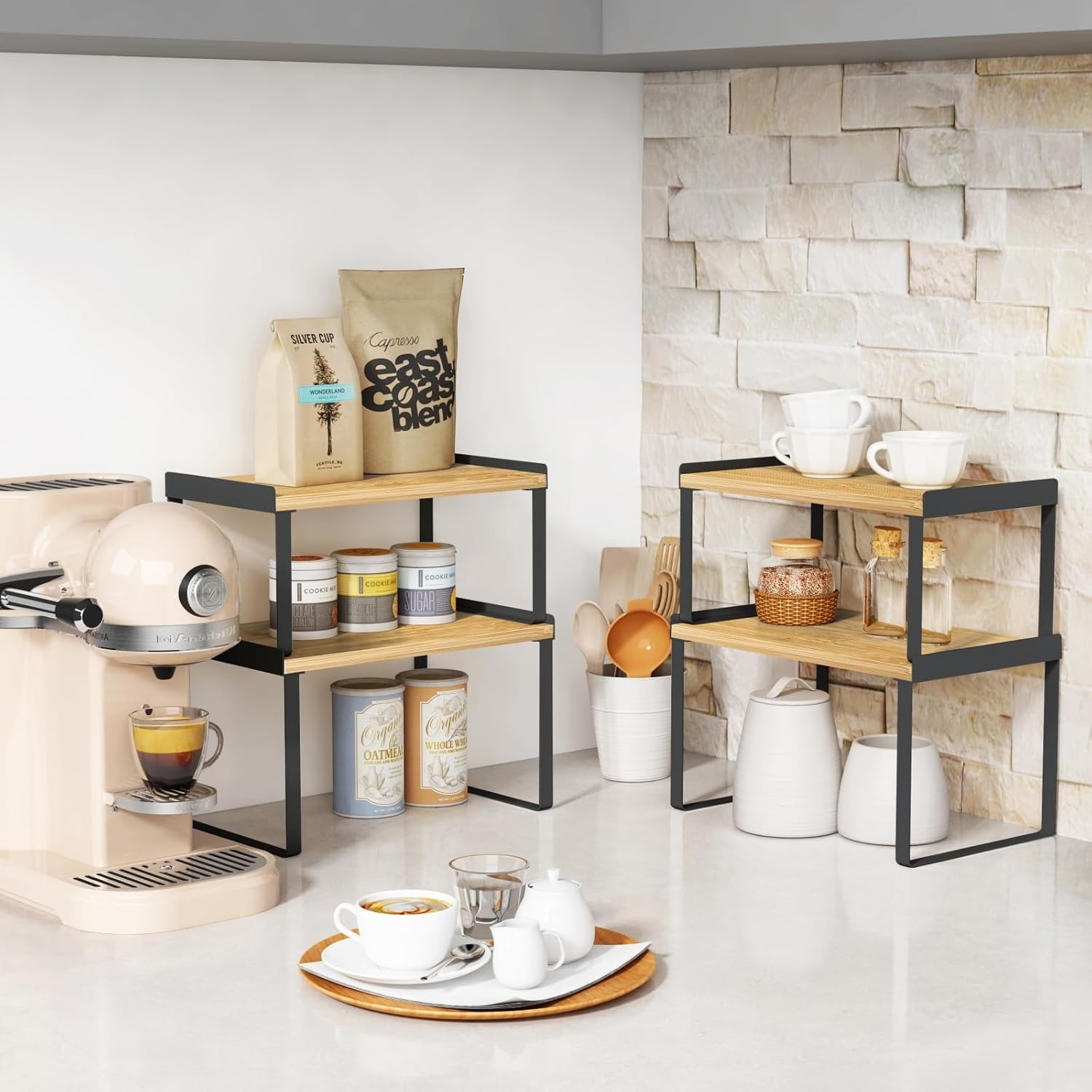 Kitchen Cabinet Organizer Shelf Set of 4, Pantry Organizers and Storage Shelves for Plates Dishes Cups Mugs, Cupboard Counter Cabinet Shelf Riser for Countertop (Bamboo Wood and Black Metal) - Image 4