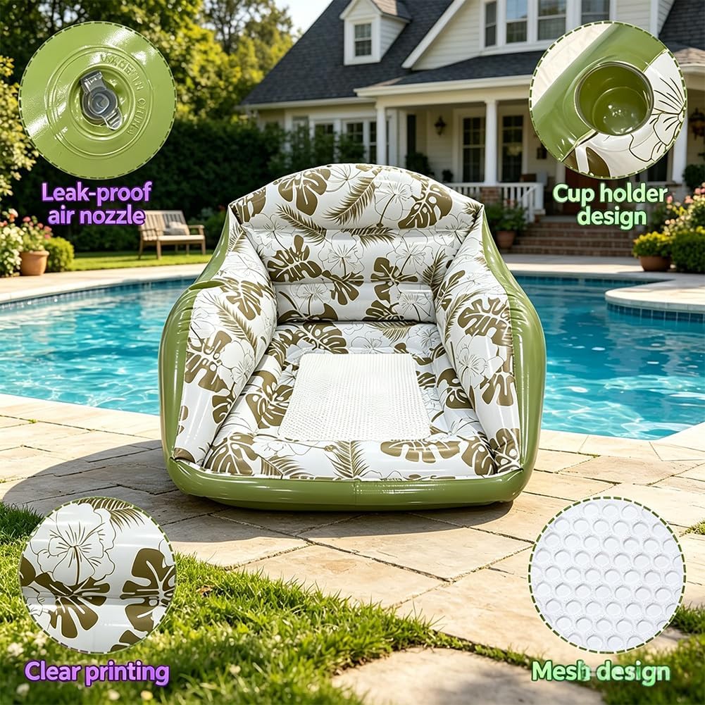 ZVD Bouée Piscine Gonflable Fauteuil Chaise Piscine Adulte Plage | Transat flottant 3-en-1 adulte,vanne anti-fuite, siège maille, motif tropical, 2 coloris,pour piscine plage rivière