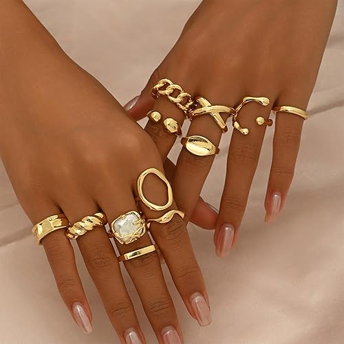 Vista 2 de Juego de 12 anillos gruesos para mujer, anillos de oro que no se deslustra, anillo ajustable para mujer, anillo vintage apilable, joyería gruesa