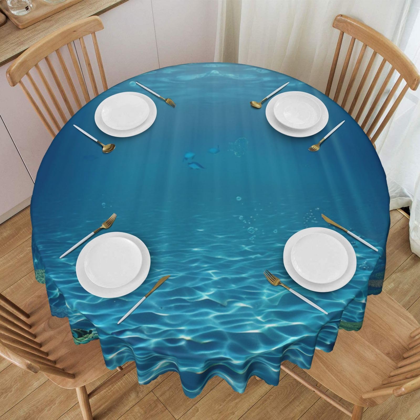 WPKJU Tranquil Underwater Scenery Printed Round Tablecloth 60 Inch with Lace Trim, Water-Resistant Washable Table Cover for Farmhouse Weddings, Outdoor Picnics & Holiday Dining