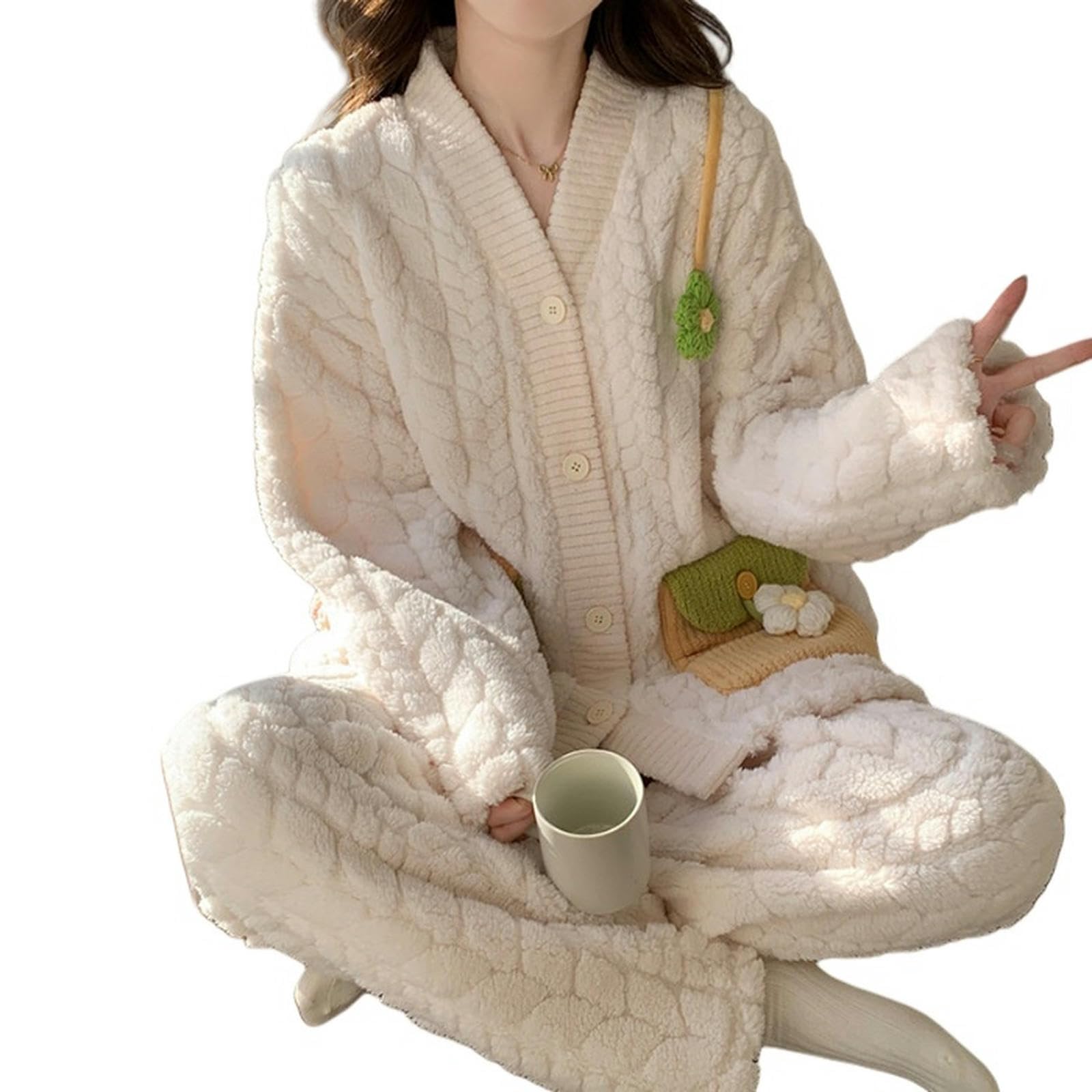 Pyjama Winterhose Süßes Mädchen Hauskleidung Anzug Langarm Großer Revers Jacquard Cardigan Pyjama Weiblich-beige C-m