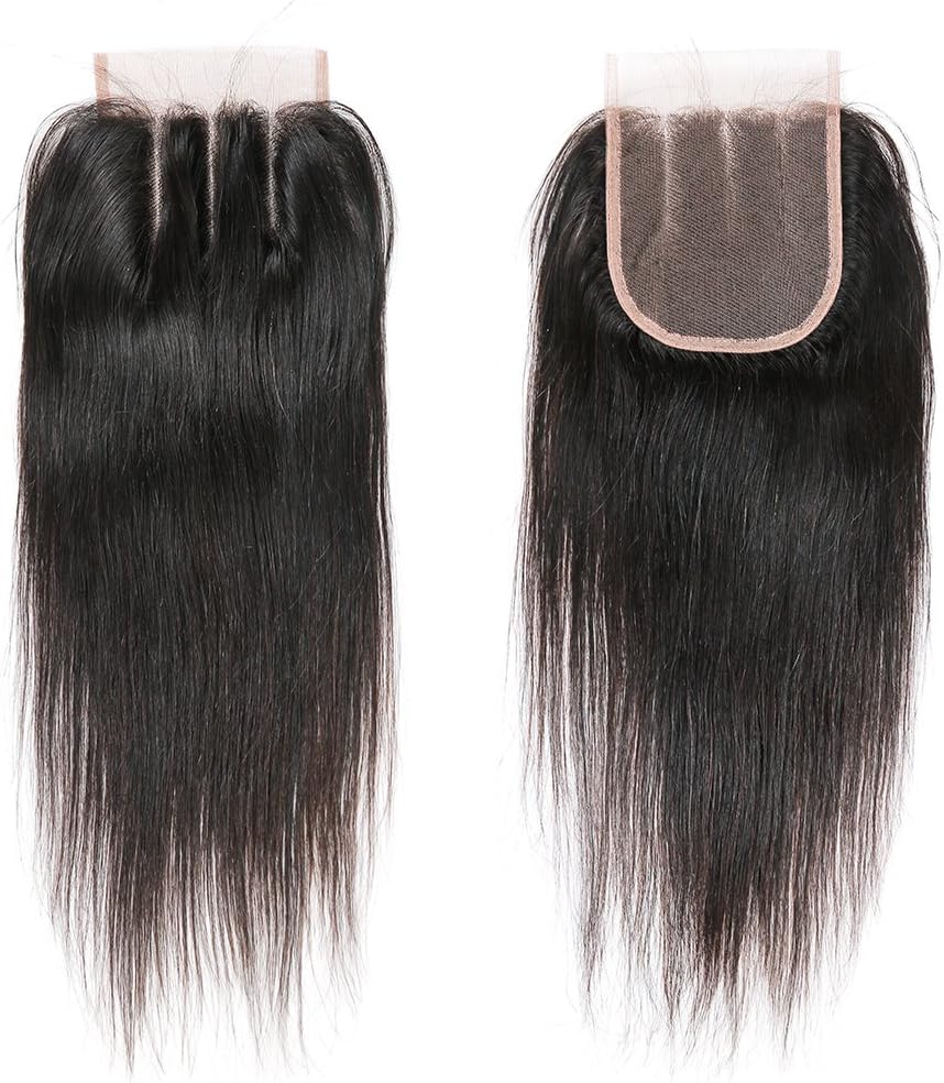 DRESSMAKER Brazilian Virgin Remy Human Hair Straight 4*4 Lace Closure Three Part Natural Color Hair Extensions (10", 4*4 Sliky Straight)