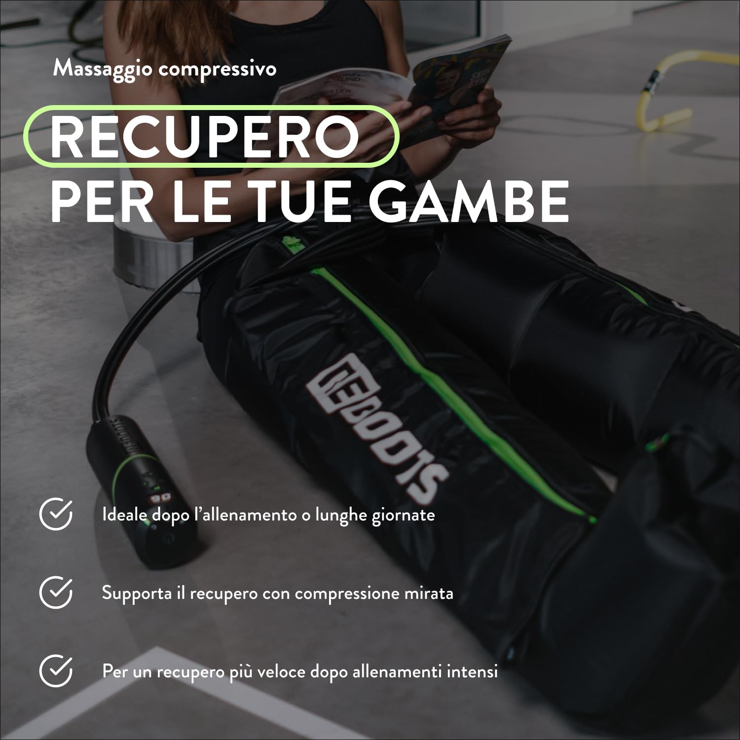Go Lite Boots - Massaggiatore per gambe | 180 mmHg | 4 camere sovrapposte | per casa e in viaggio | recupero muscolare | L