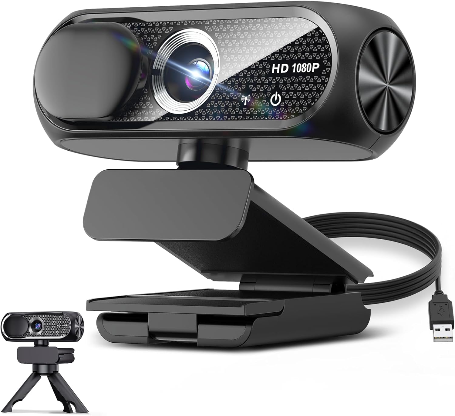 1080P HD Webcam with Rotatable Tripod and Mic, Noise Cancellation, Privacy Cover, Wide-Angle Lens, Auto Light Correction, Plug & Play USB Webcam for Laptop, Desktop, PC, Mac, Zoom, Skype, Streaming