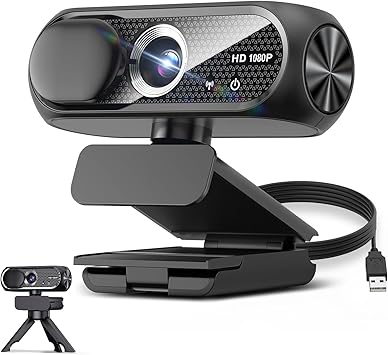 1080P HD Webcam with Rotatable Tripod and Mic, Noise Cancellation, Privacy Cover, Wide-Angle Lens, Auto Light Correction, Plug & Play USB Webcam for Laptop, Desktop, PC, Mac, Zoom, Skype, Streaming