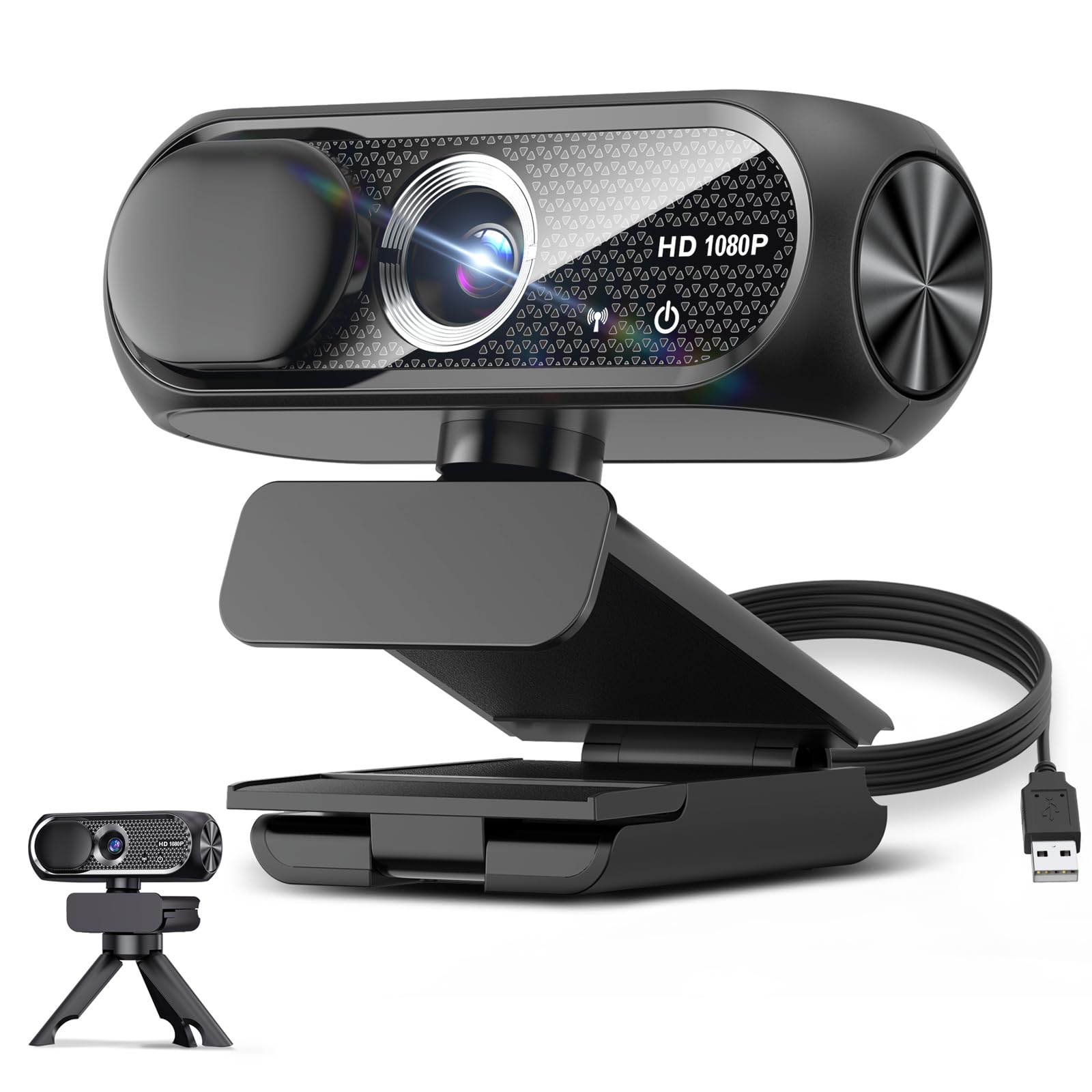 Webcam HD 1080P con treppiede e microfono girevoli, cancellazione del rumore, copertura per la privacy, obiettivo grandangolare, correzione automatica della luce, webcam USB Plug & Play, per laptop