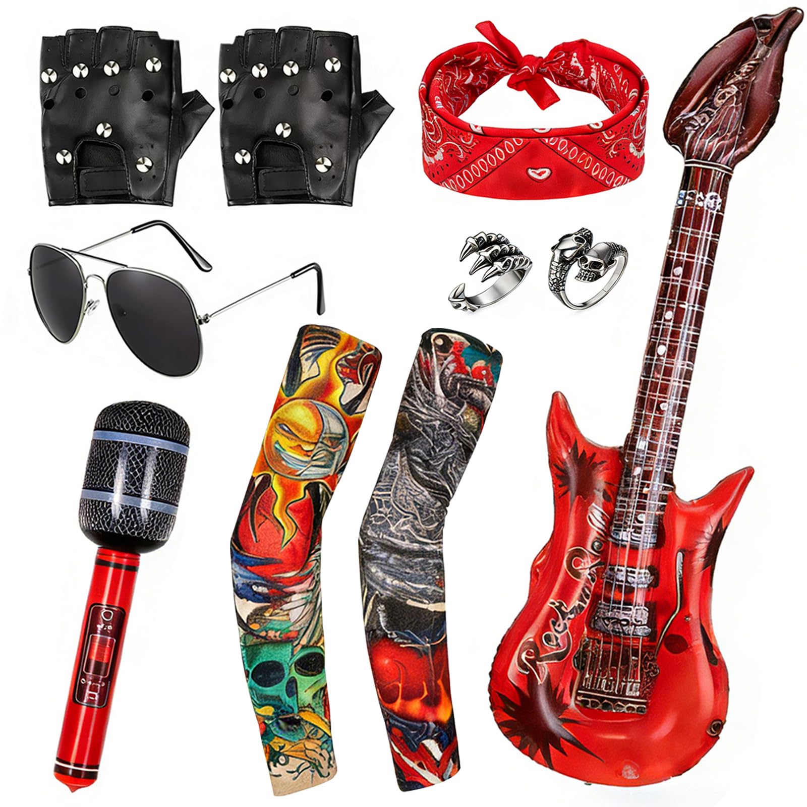 Gobiufy 10Pcs Punk Rock Star Fancy Dress Set Gothic Rocker Costume Unisex Punk Rock star Accessories 80s Disco,Carnival,Halloween & Music Festival Outfit Kit for Men & Women