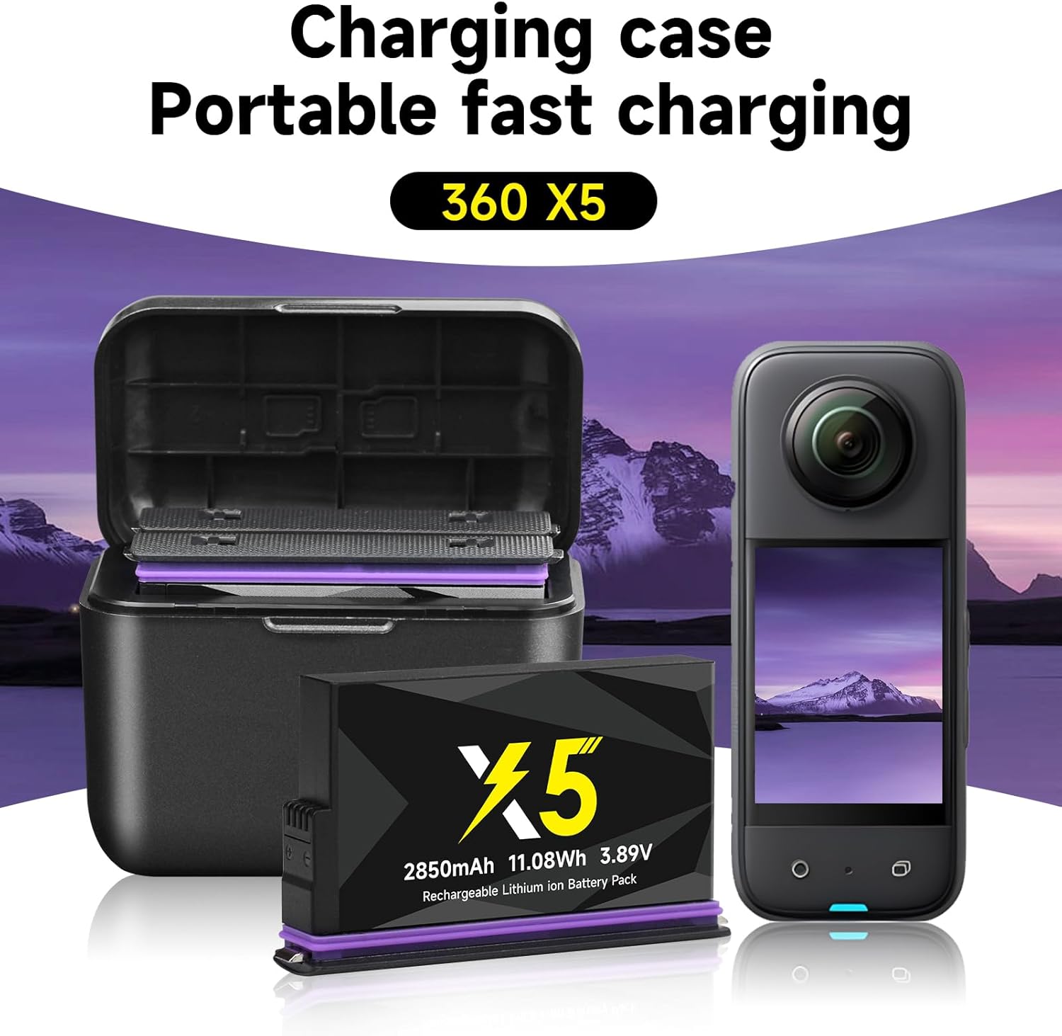 2 Pack X5 Battery Charger Bundle, 2850mAh Battery Replacement with Dual Channel Fast Charger Hub for Insta360 X5 Sport Camera Accessories