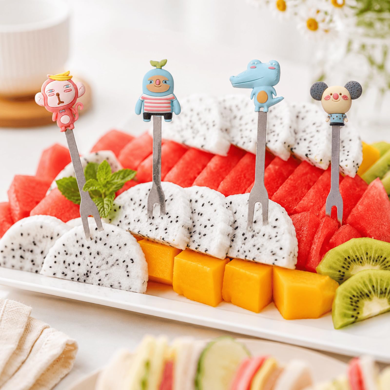 Mini Cartoon Forchette da Frutta in Acciaio Inossidabile, Stuzzicadenti Riutilizzabili con Manici in Silicone e Barattoli di Stoccaggio in Ceramica, Accessori da Tavola per Frutta e Dessert, 20 Pezzi