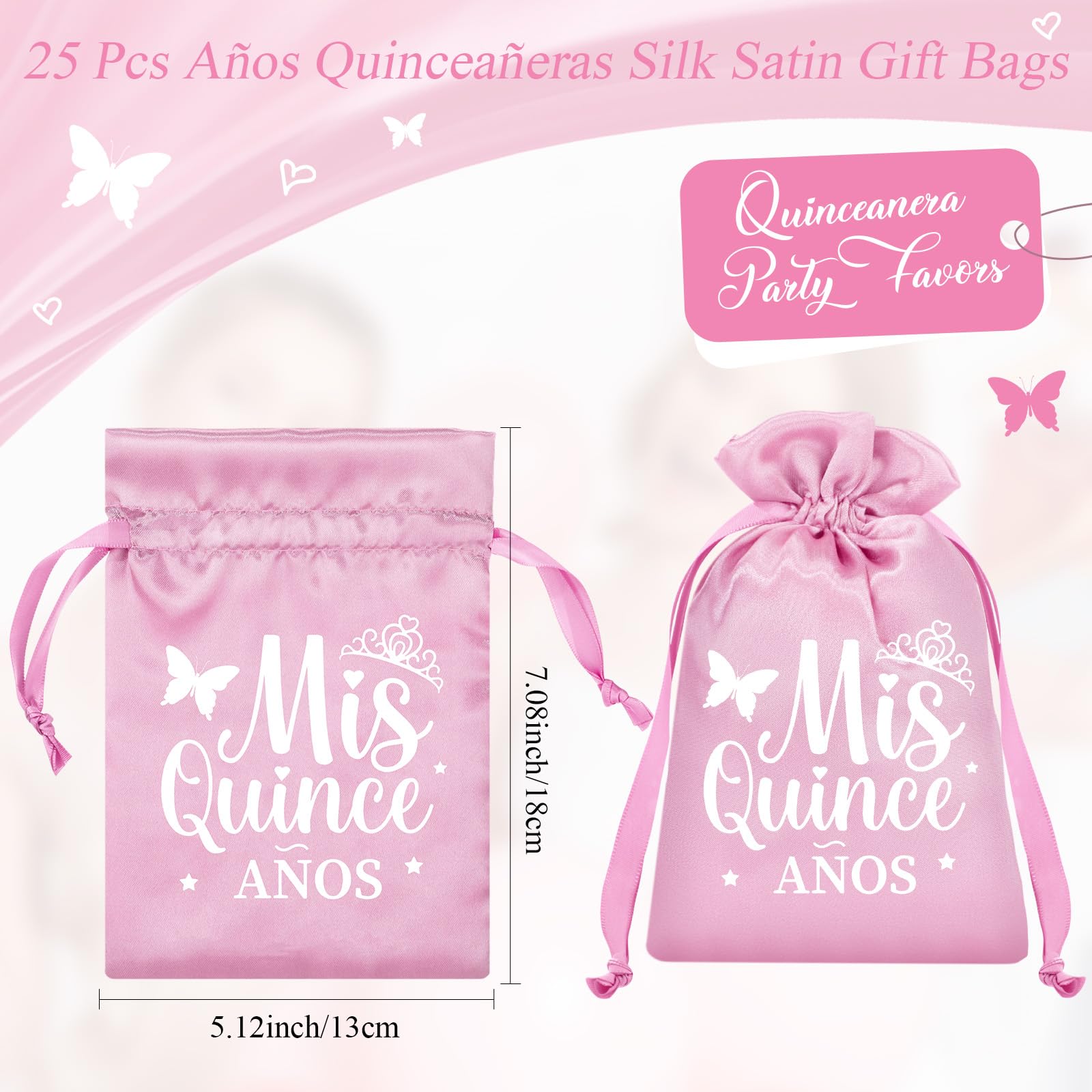 Sweetude 25 Pcs Quinceanera Party Gift Bags for Guests Sweet 15 Años Quinceañeras Silk Satin Gift Candy Bags with Drawstring for Mis Quince Birthday Decoration(Pink)