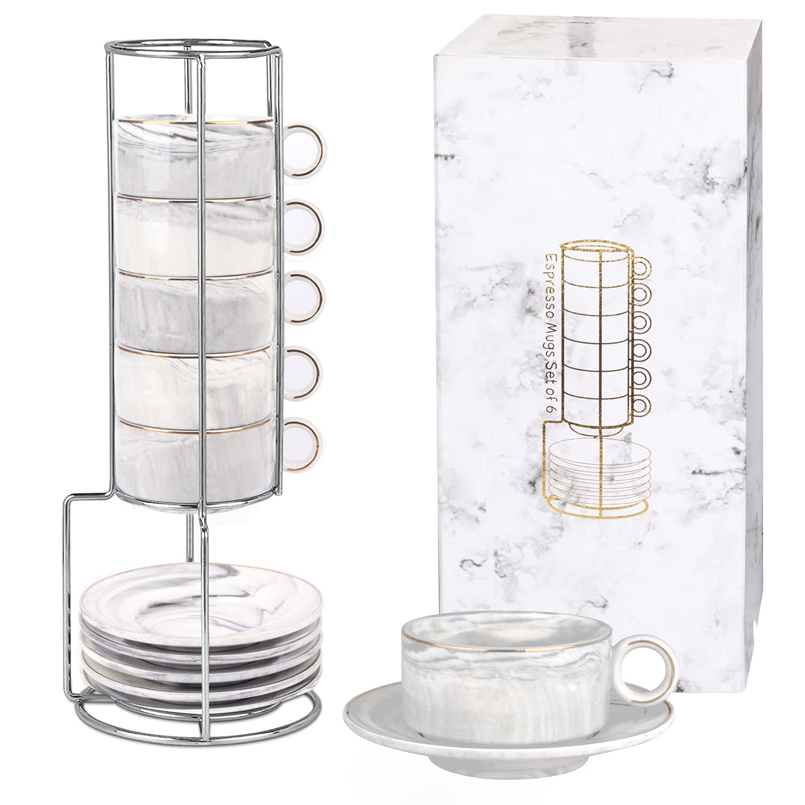 Espresso Mugs Set of 6 with Rack Marble Stackable Espresso Cups with Stand and Saucers Espresso Cups