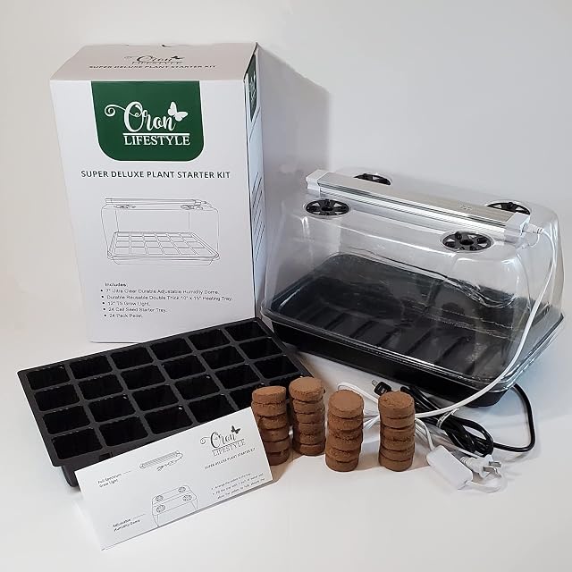 Oron Lifestyle Seed Stater Kit / Tray: Durable, Full Spectrum Grow Light, Adjustable Starter Peat Pellets Pods, 24 Cell Black Base Transparent Cover 15.75 inches x 10.01 inches x 6.93 inches