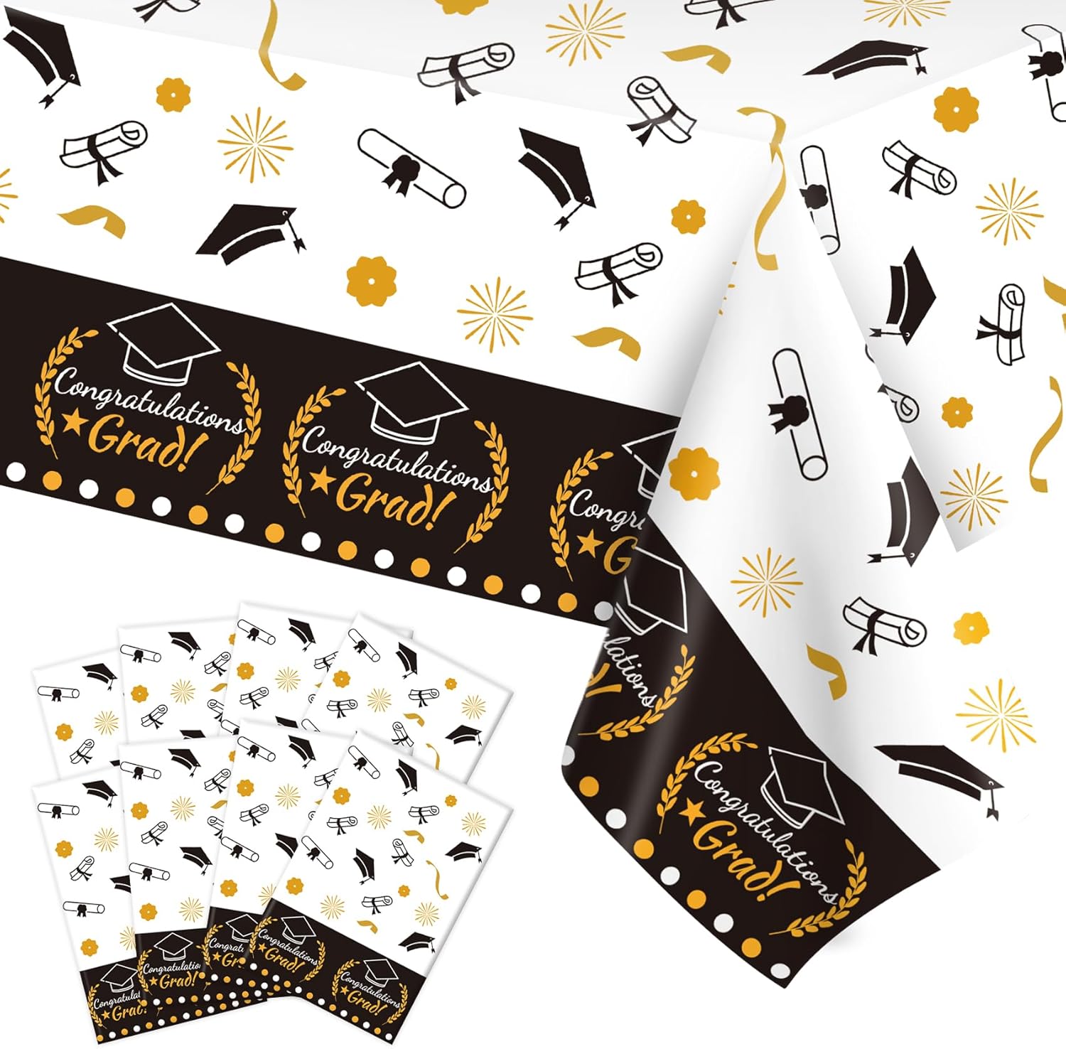 Graduation Decorations 2025, 8 Pack Black Gold Plastic Graduation Tablecloths Disposable, Graduation Table Party Decorations Class of 2025 Grad Table Cloths Covers Decor Party Supplies Favors Ideas
