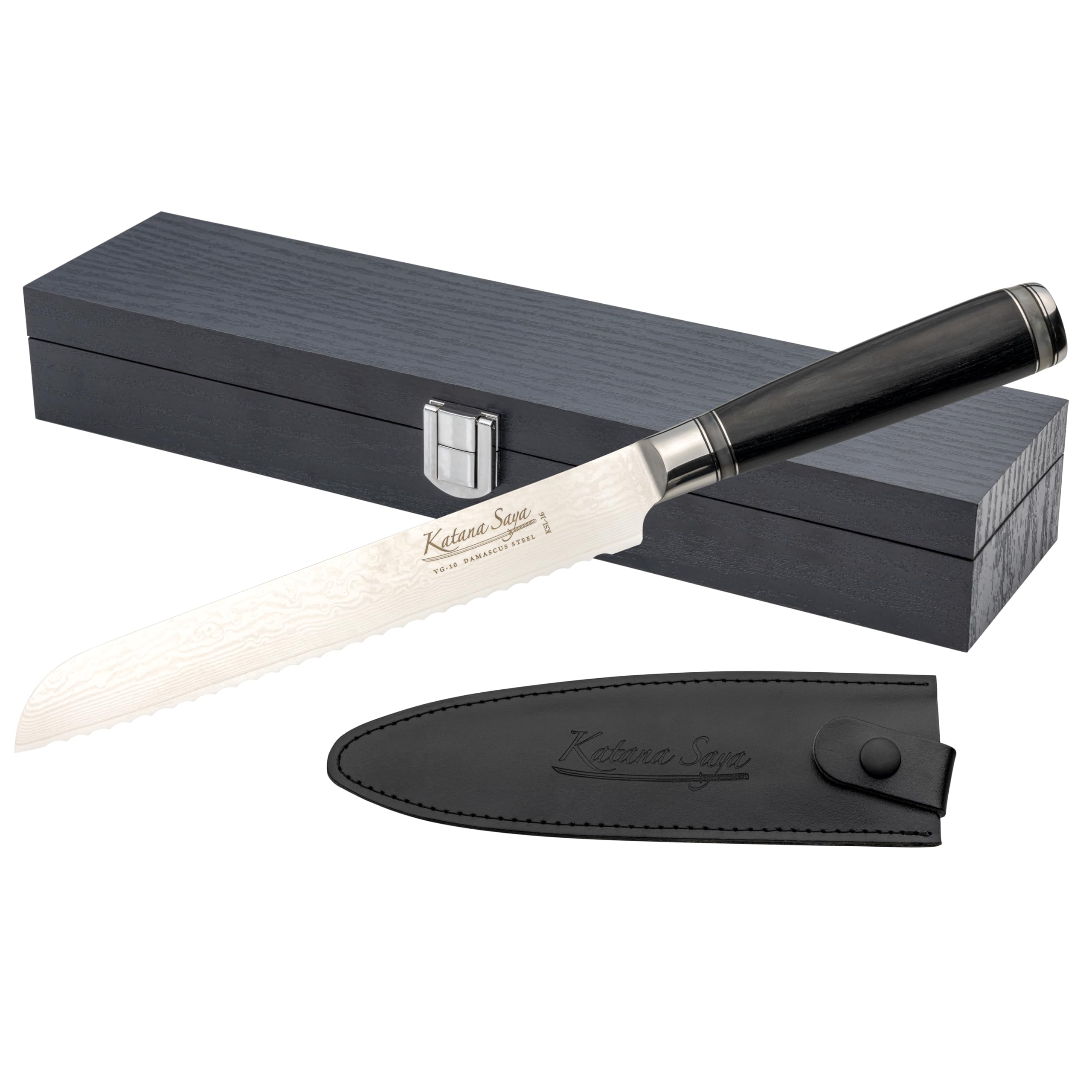 Katana Saya Pakkawood 20Cm Bread Knife, Japanese 67-Layer Vg-10 Damascus Stainless Steel, Black Handle, Japanese Style Kitchen Knife