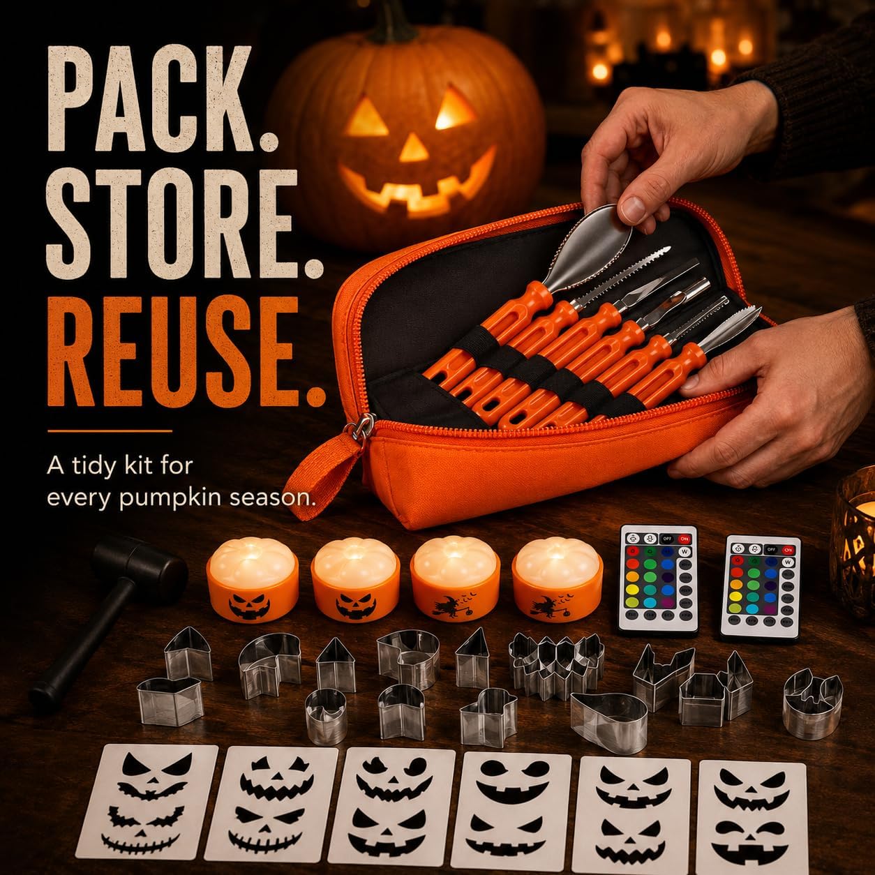 GIRLDREN 36-Piece Pumpkin Carving Kit with 16-Color LED Lights, Pumpkin Carving Tools Included Stainless Stencils, Halloween Decorations, DIY Pumpkin Decor Kit for Kids Adults Halloween Party