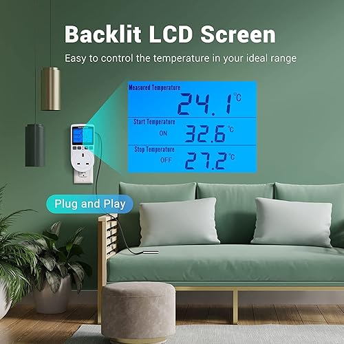 Miniatura 7 de Controlador de temperatura digital retroiluminado, pantalla LCD, termostato de refrigeración de calefacción, enchufe de salida con sensor regulador