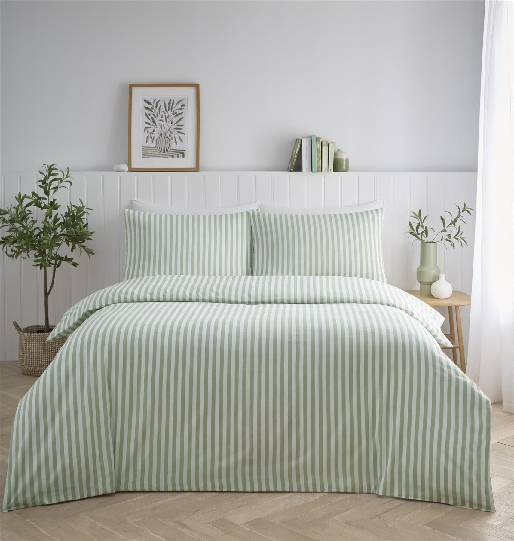 Kampala Hill Pencil Stripe Sage Duvet Cover Set Super King Bedding Set with Pillowcases