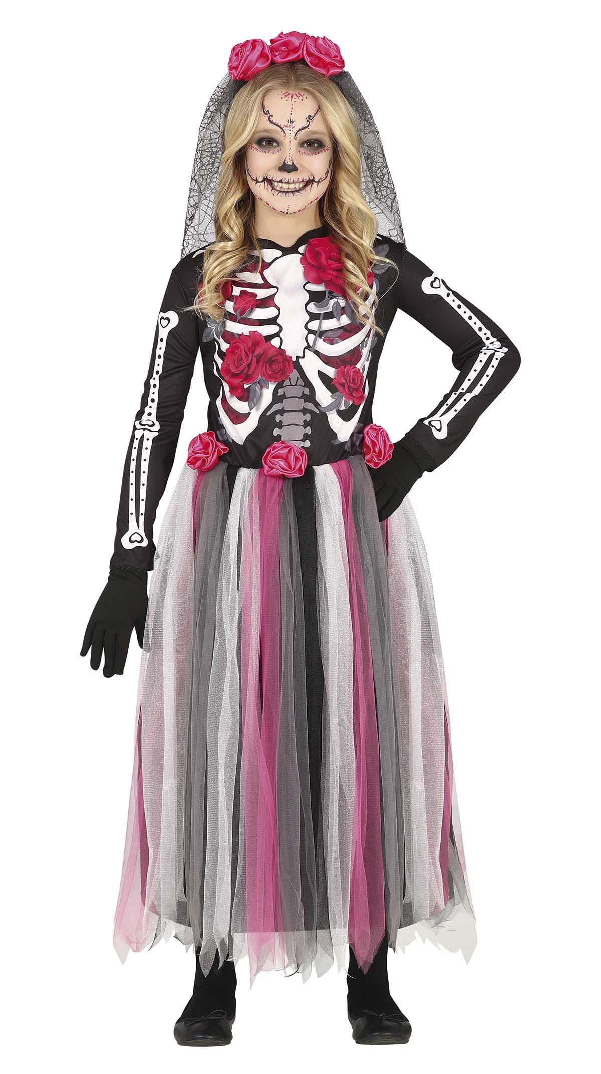FIESTAS GUIRCA Pink Day of the Dead Fancy Dress Costume - Long Dress and Headband with Flowers for Girls 7-9 Years - Image 2
