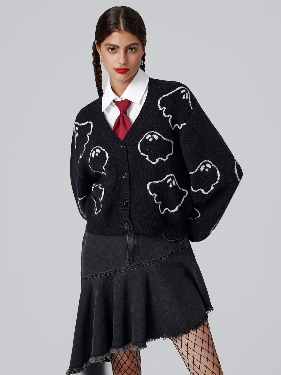 CIDER Halloween V-Neck Ghost Button Cardigan