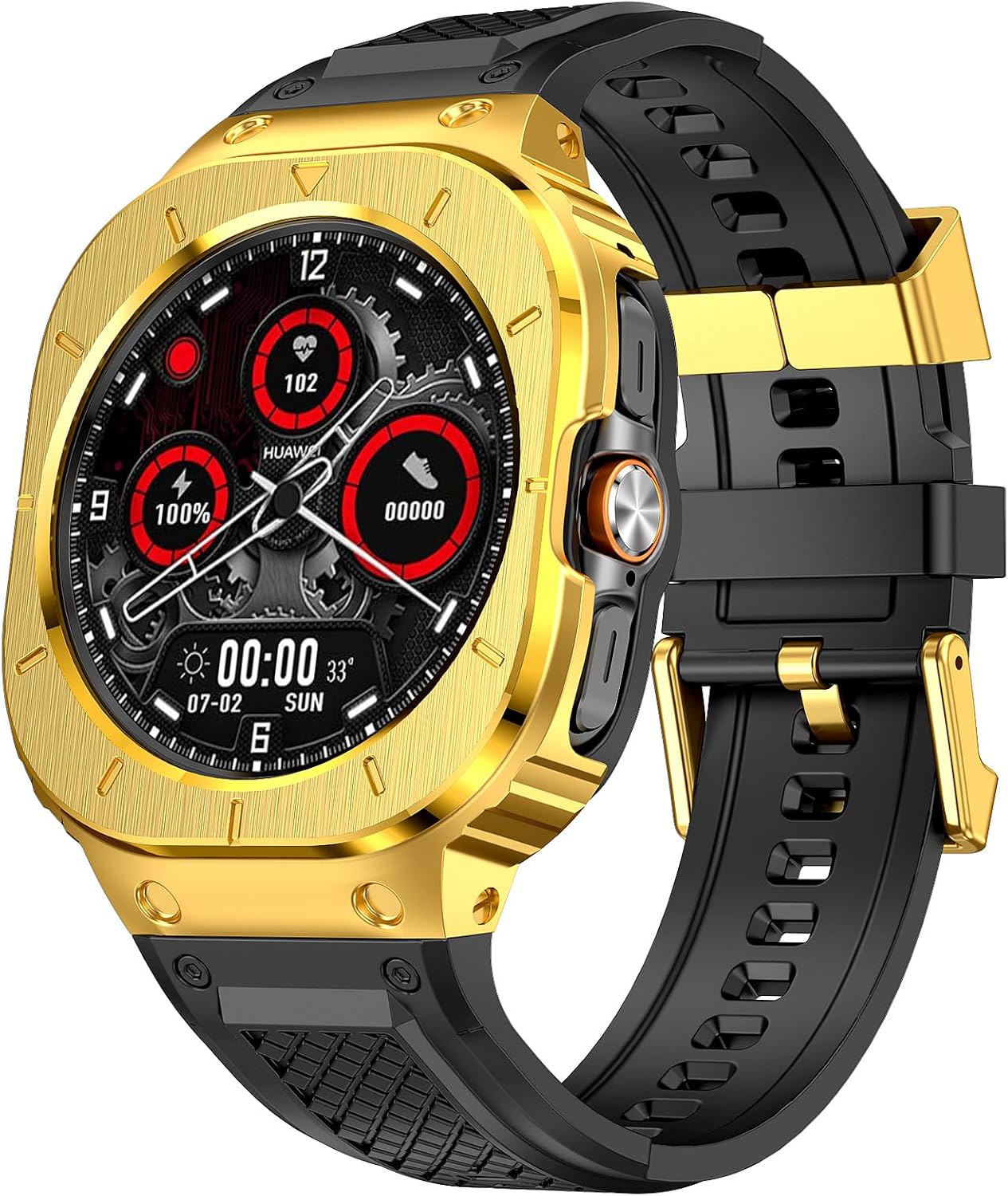 Silicone Band with Stainless Steel Case Cover Compatible with Samsung Galaxy Watch 8 Ultra 47mm (2025) / Samsung Galaxy Watch Ultra 7 47mm Bands (2024) Protective Case Cover for Men (Gold)