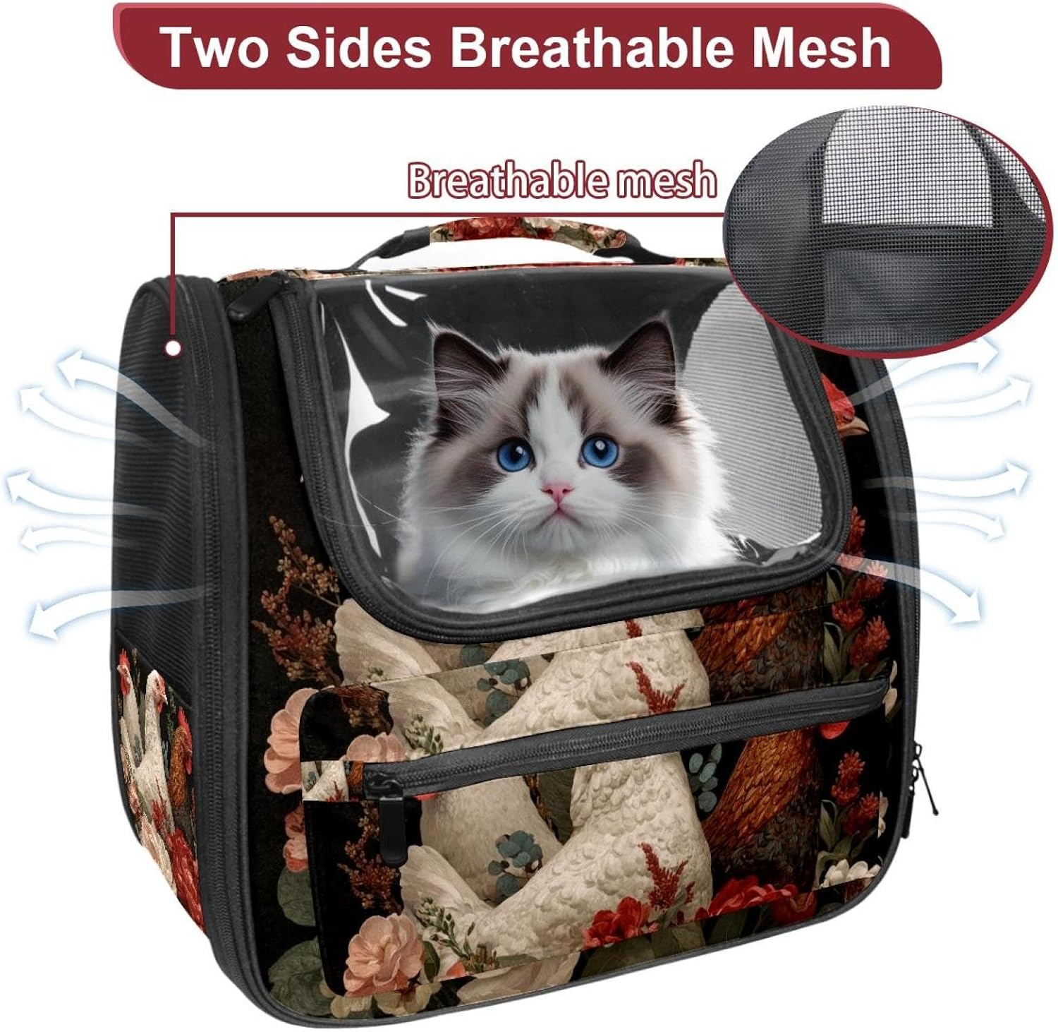 Chickens and Floral (3) Pet Carrier Airline Approved Soft Sided Portable Cozy Travel Pet Bag, Car Seat Safe Carrier for Cats and Dogs