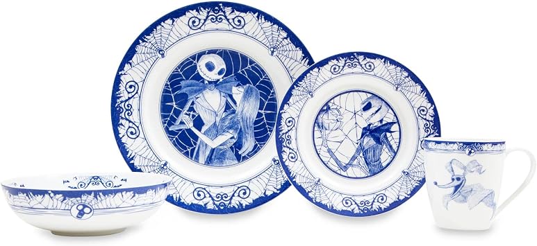 Disney The Nightmare Before Christmas Jack and Sally 8-Piece Ceramic Dinnerware Set | Includes Salad Plates, Bowls, Mugs