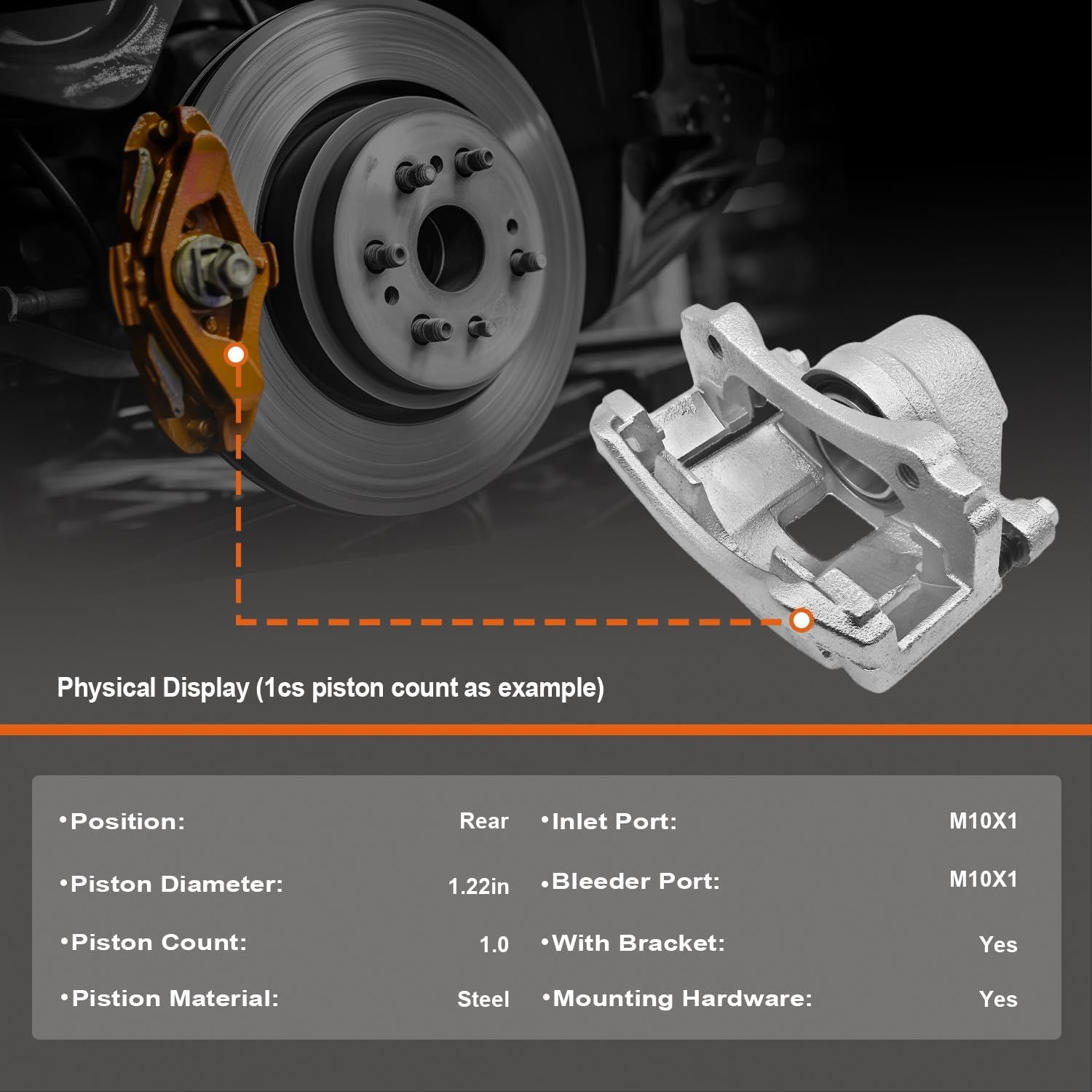 Rear Disc Brake Caliper Assembly with Bracket Compatible with Select Kia, Hyundai and Dodge Models - Forte/Forte Koup, Forte5 2010-2013, Rio/Rio5 2006-2007, Accent 2006-2007, Attitude 2006-2009