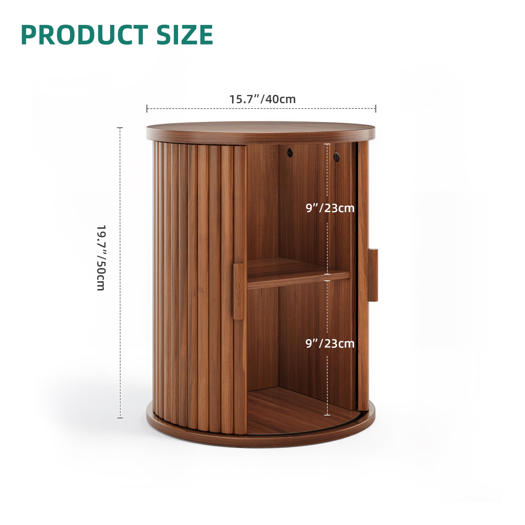 YITAHOME Runder Tisch mit Schiebetürenschrank, Kleiner Couchtisch, Walnut | Beistelltisch mit 2-stöckigem Aufbewahrungsregal für Schlafzimmer, Esszimmer, Wohnzimmer, Office, oder Wohnung, Nachttisch