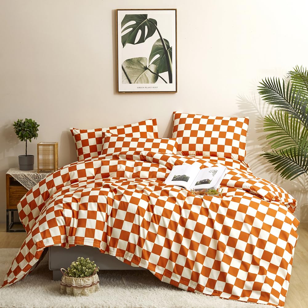 CLOTHKNOW Burnt Orange Plaid Comforter Set Queen 3Pcs Gird Bedding Comforter Sets